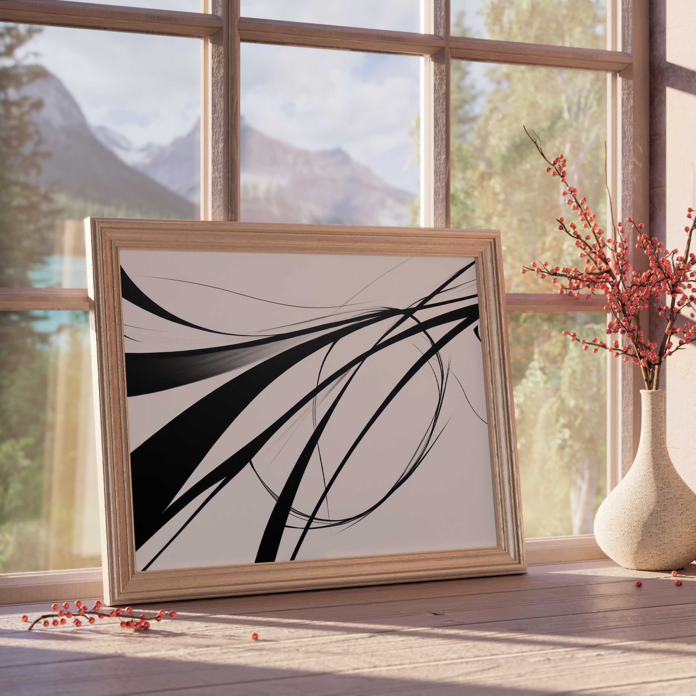 Modern downloadable art featuring sleek black abstract lines on soft beige, enhancing curated, tranquil, design-forward interiors with timeless elegance