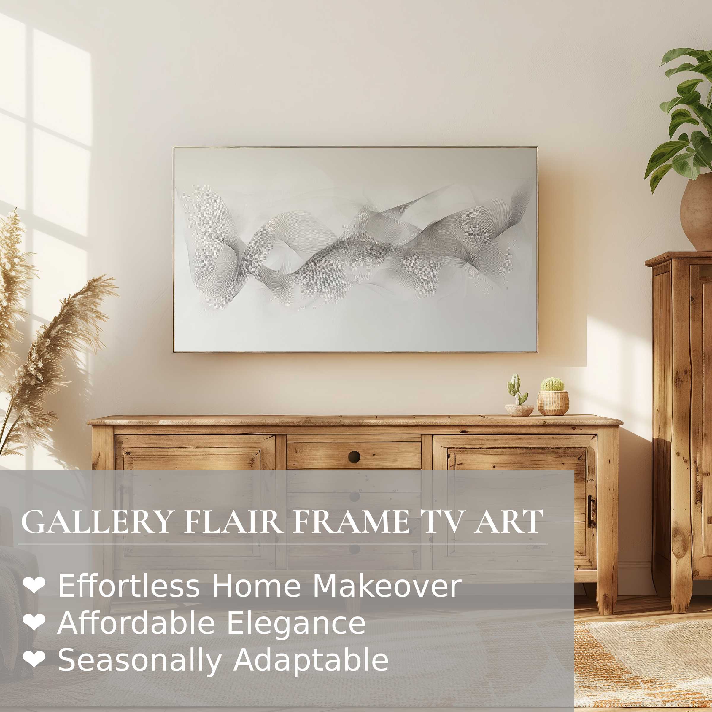Samsung Frame TV displaying minimalist digital artwork in a warm, airy living space with natural wood tones