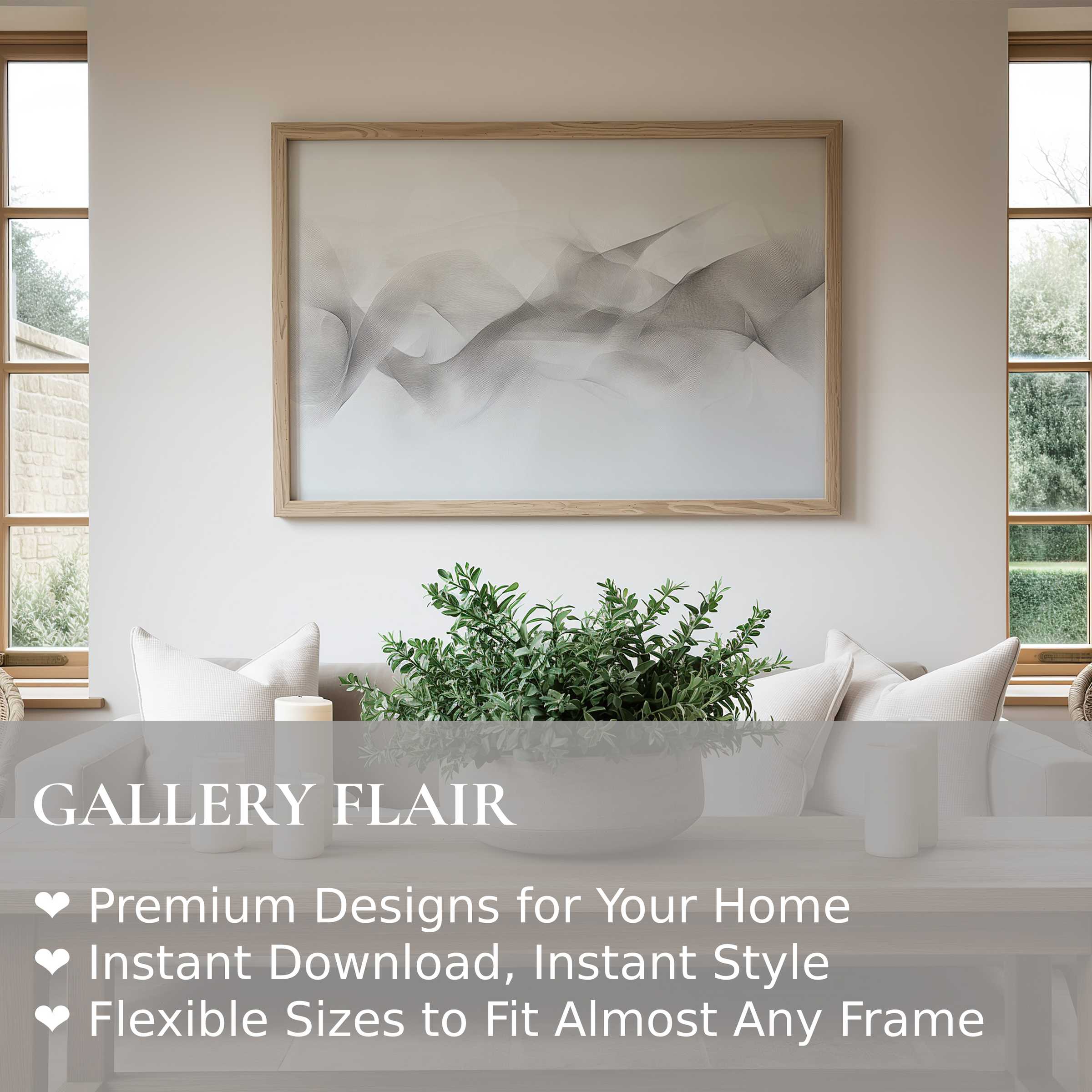 Minimalist wall art print featuring soft, flowing grayscale waves that evoke calmness, perfectly enhancing serene modern living spaces