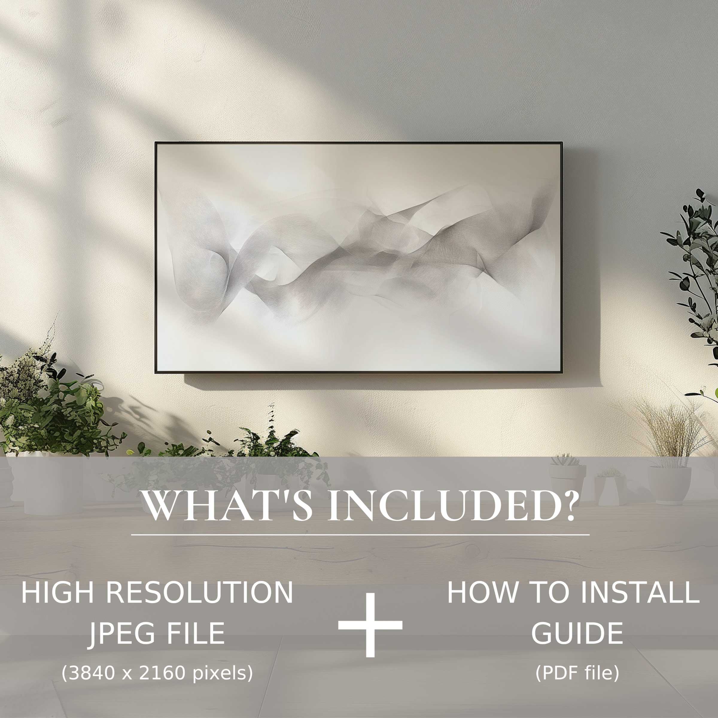 Elegant living space featuring a minimalist digital TV art download, easy to use, enhancing modern decor effortlessly