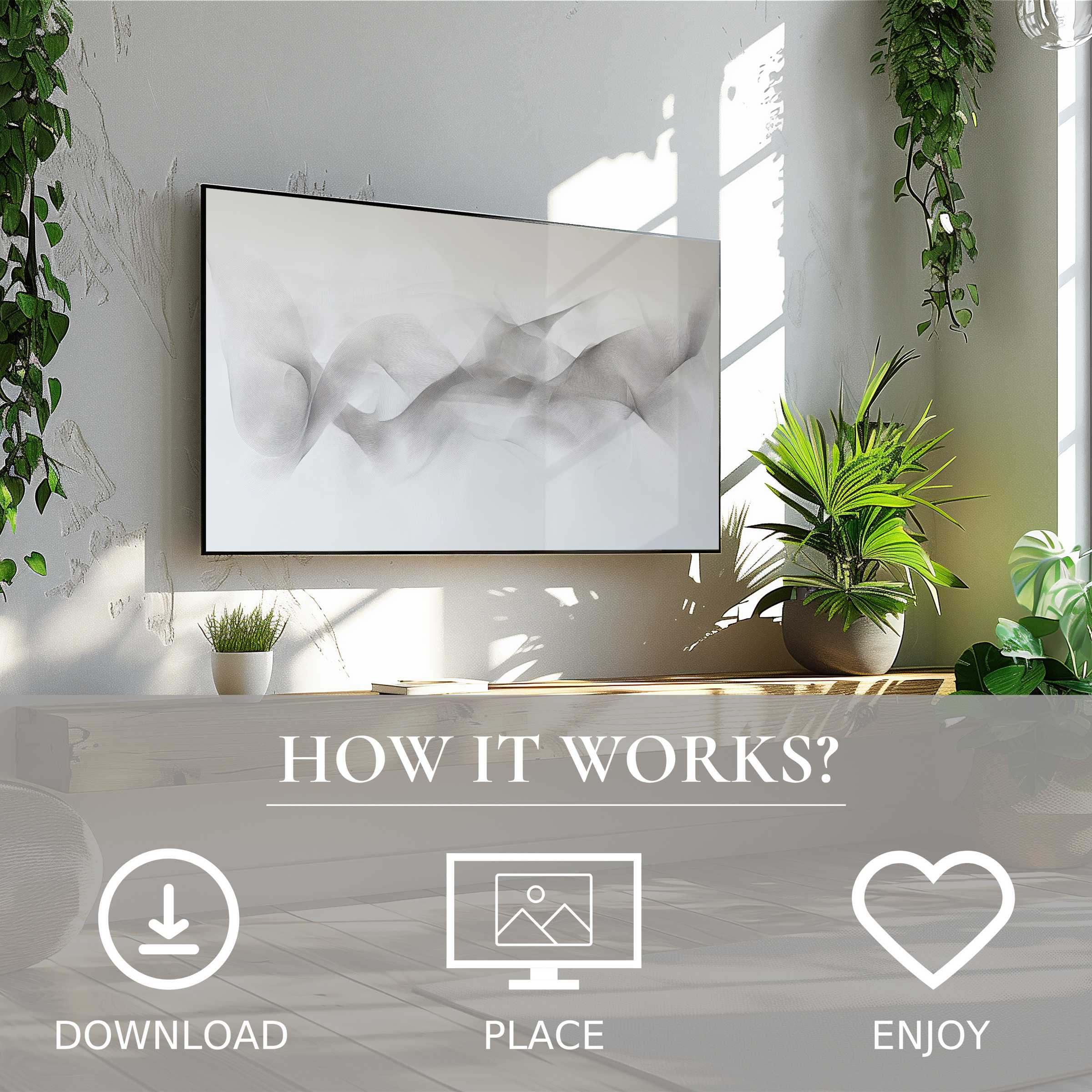 Minimalist art for Samsung TV with soft gray smoke motif, easy digital download enriching bright modern living spaces