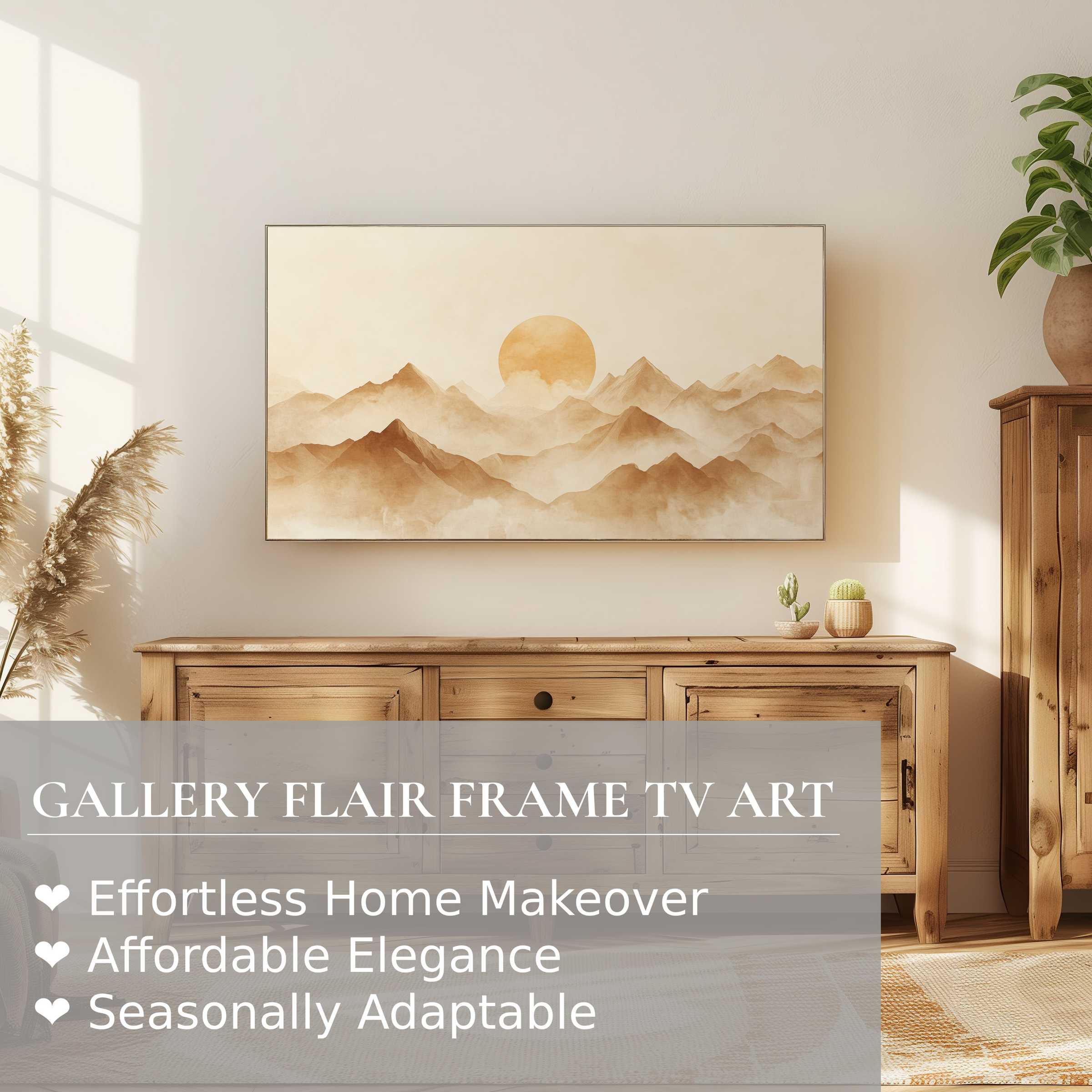 Samsung Frame TV displays neutral digital artwork of soft, misty mountains in warm beige tones, enhancing refined decor