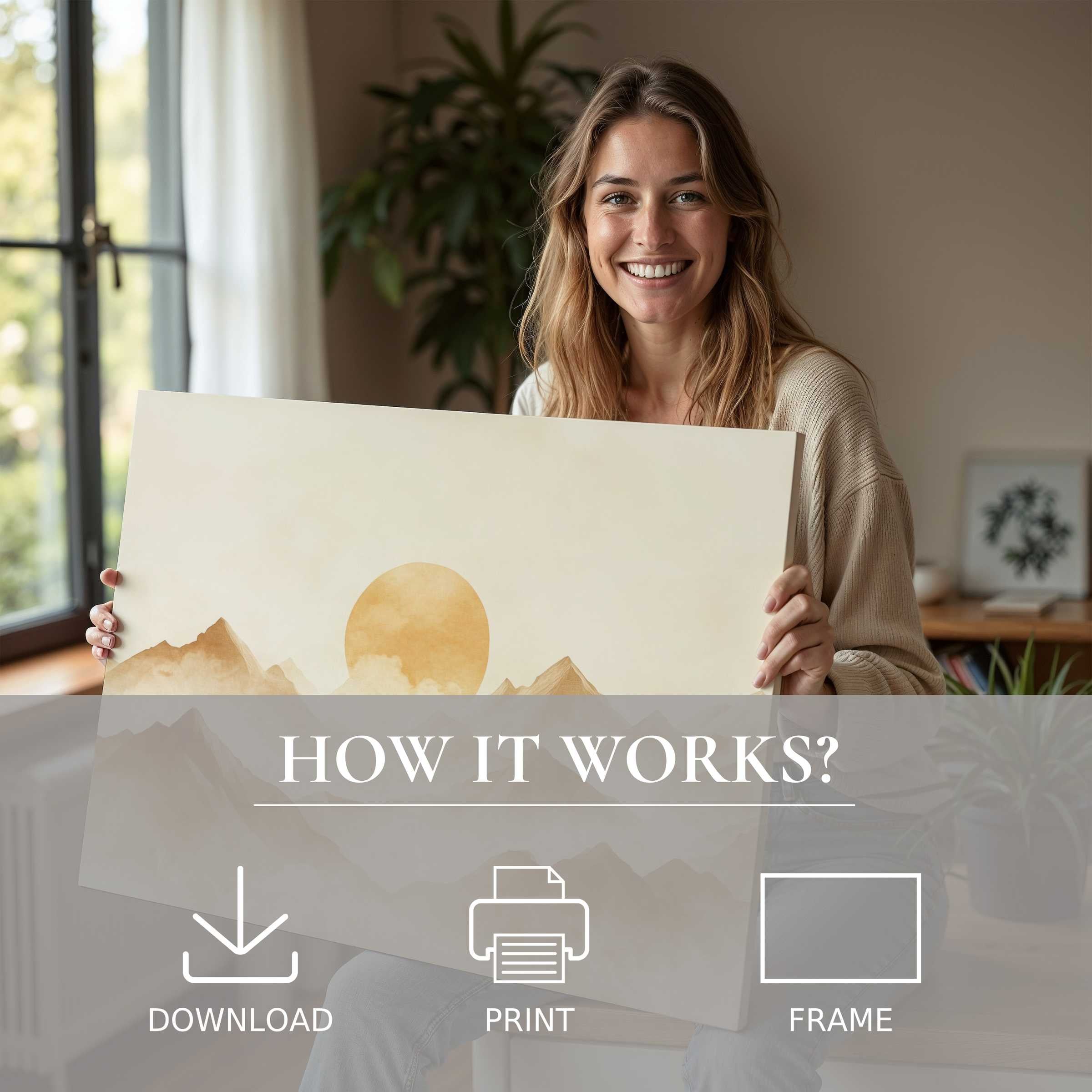 Woman in a modern home radiates joy, showcasing a neutral digital art print with warm sunlit tones and timeless elegance