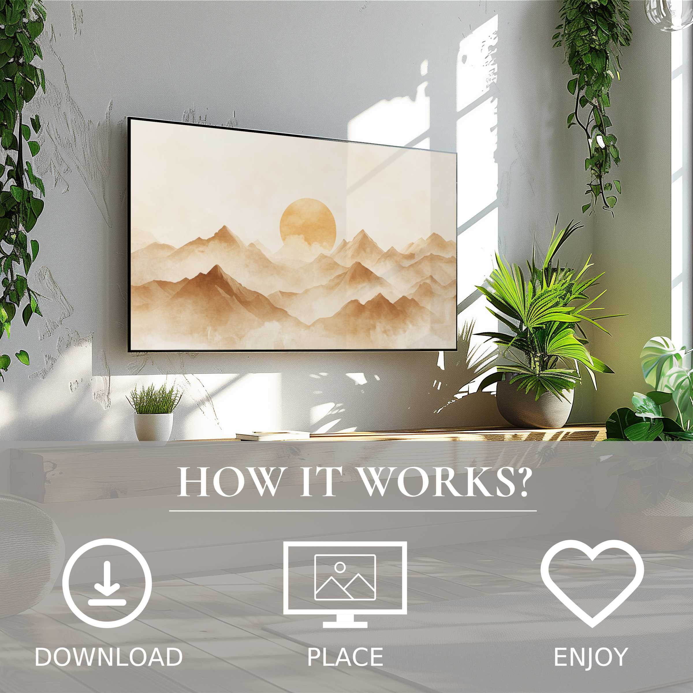 Neutral art for Samsung TV shows soft sunset tones mountain motif, easy digital download enriches modern living space
