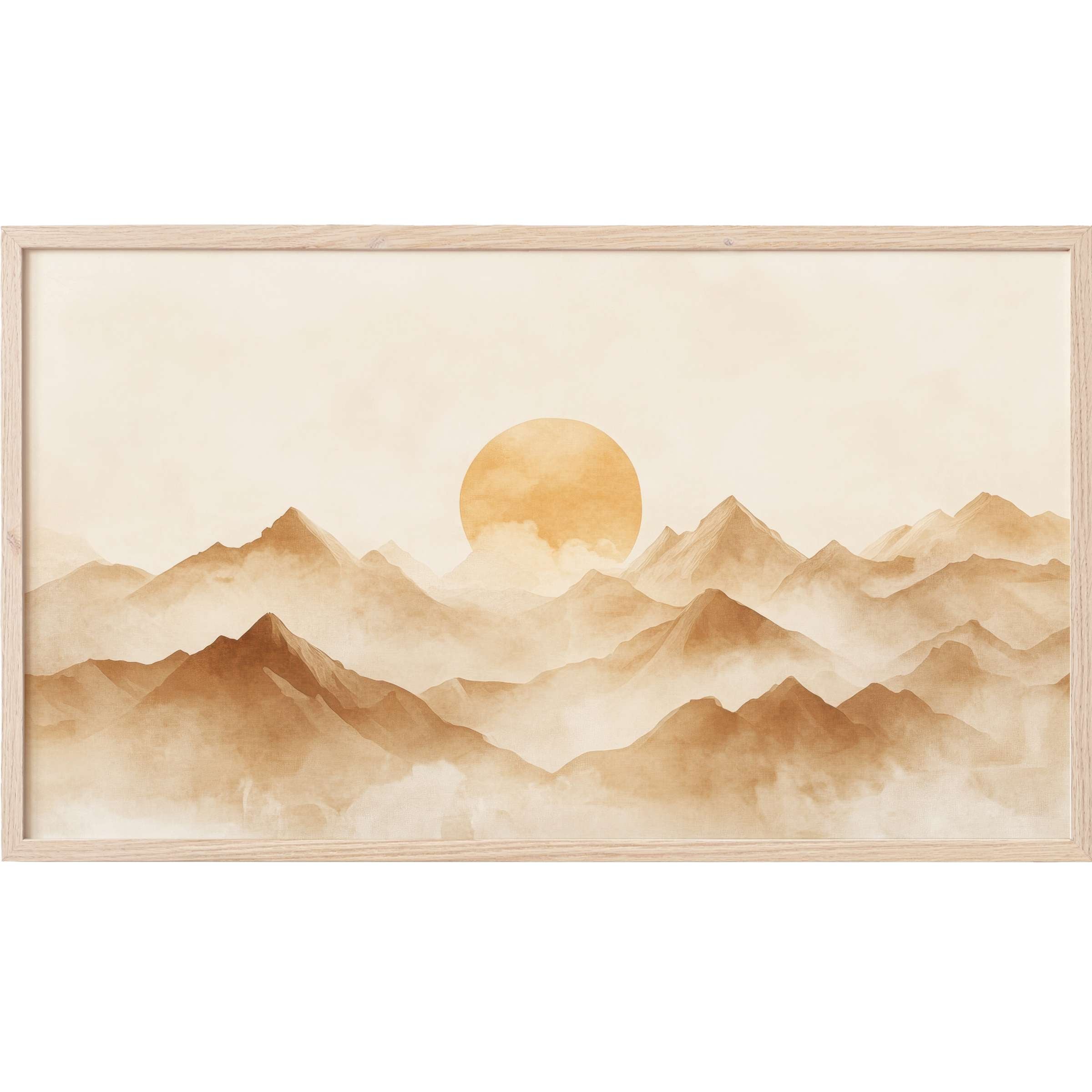 Serene sepia mountain landscape with sun rising through mist, perfect neutral Frame TV Art for elegant spaces