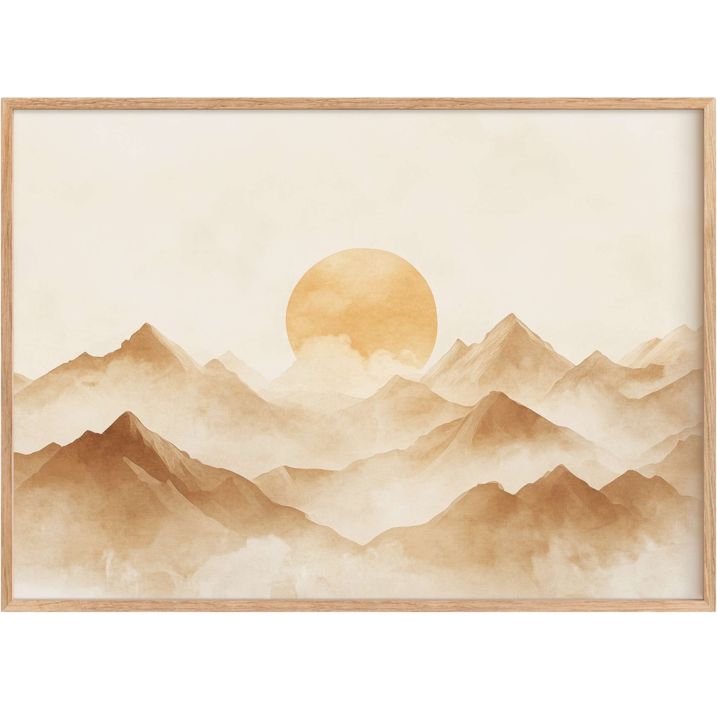 Serene neutral printable wall art depicting soft amber mountains and mist, creating a warm, calming atmosphere for elegant interiors