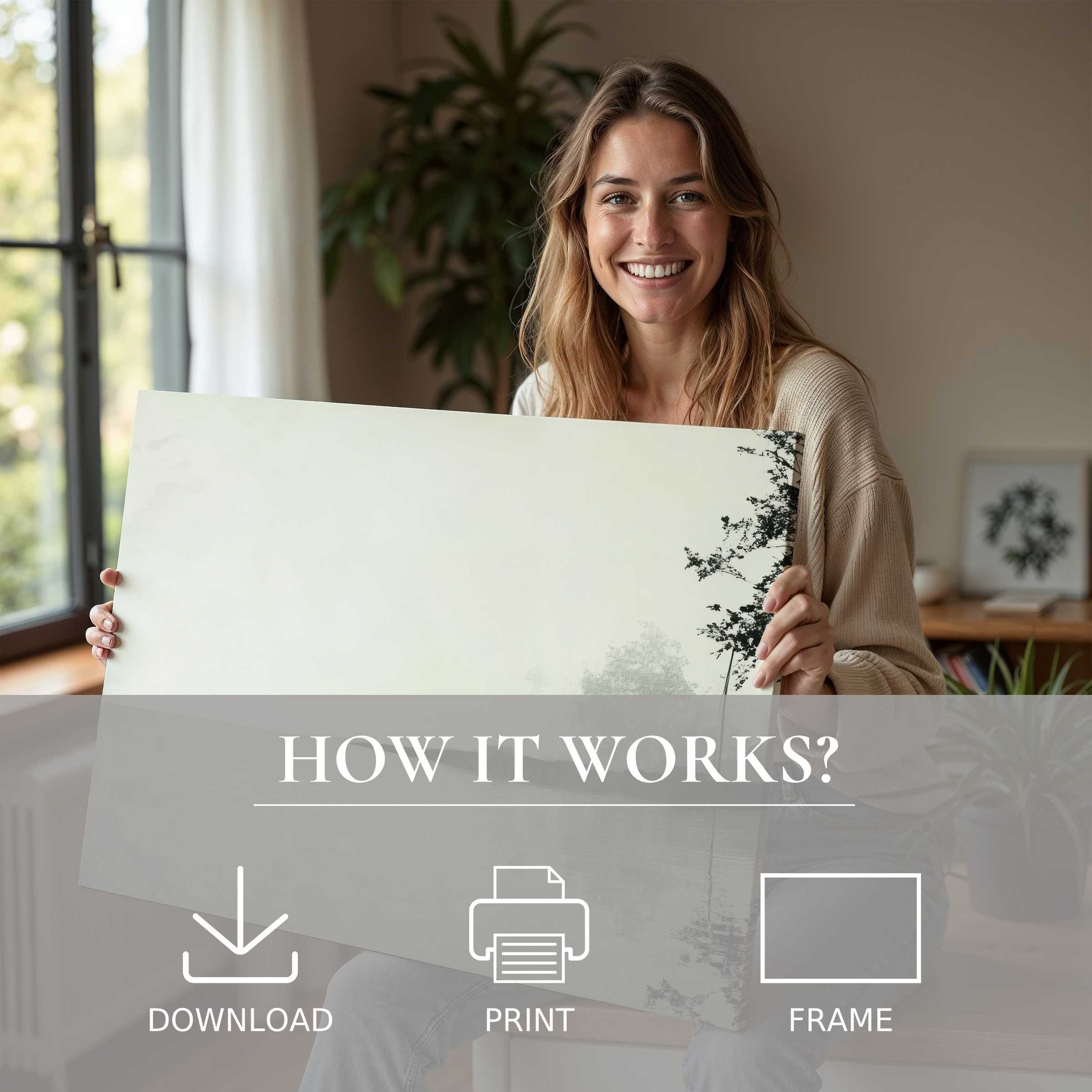 Woman in a modern living space radiates joy holding a landscape digital art print, embodying art’s effortless warmth and connection