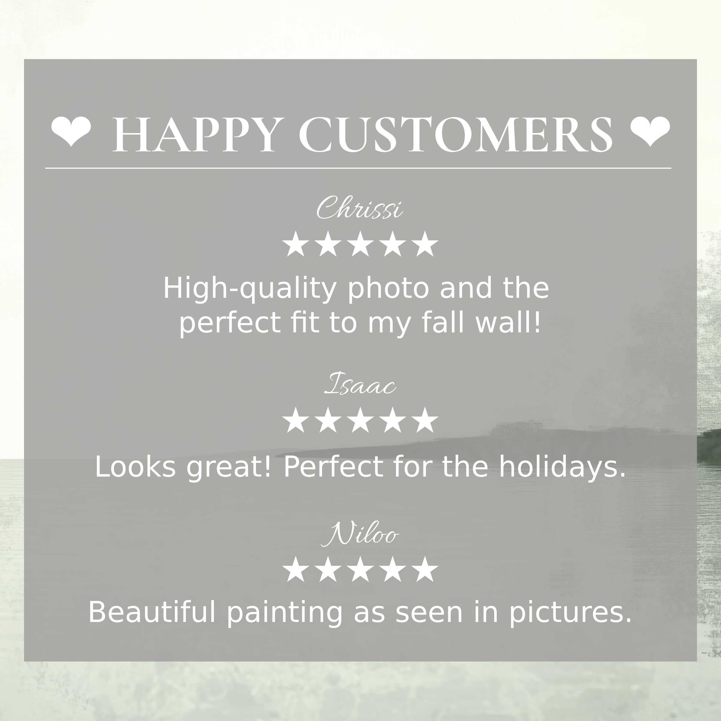 Elegant landscape art for Frame TV with abstract muted tones; layout builds trust showcasing happy customer praise