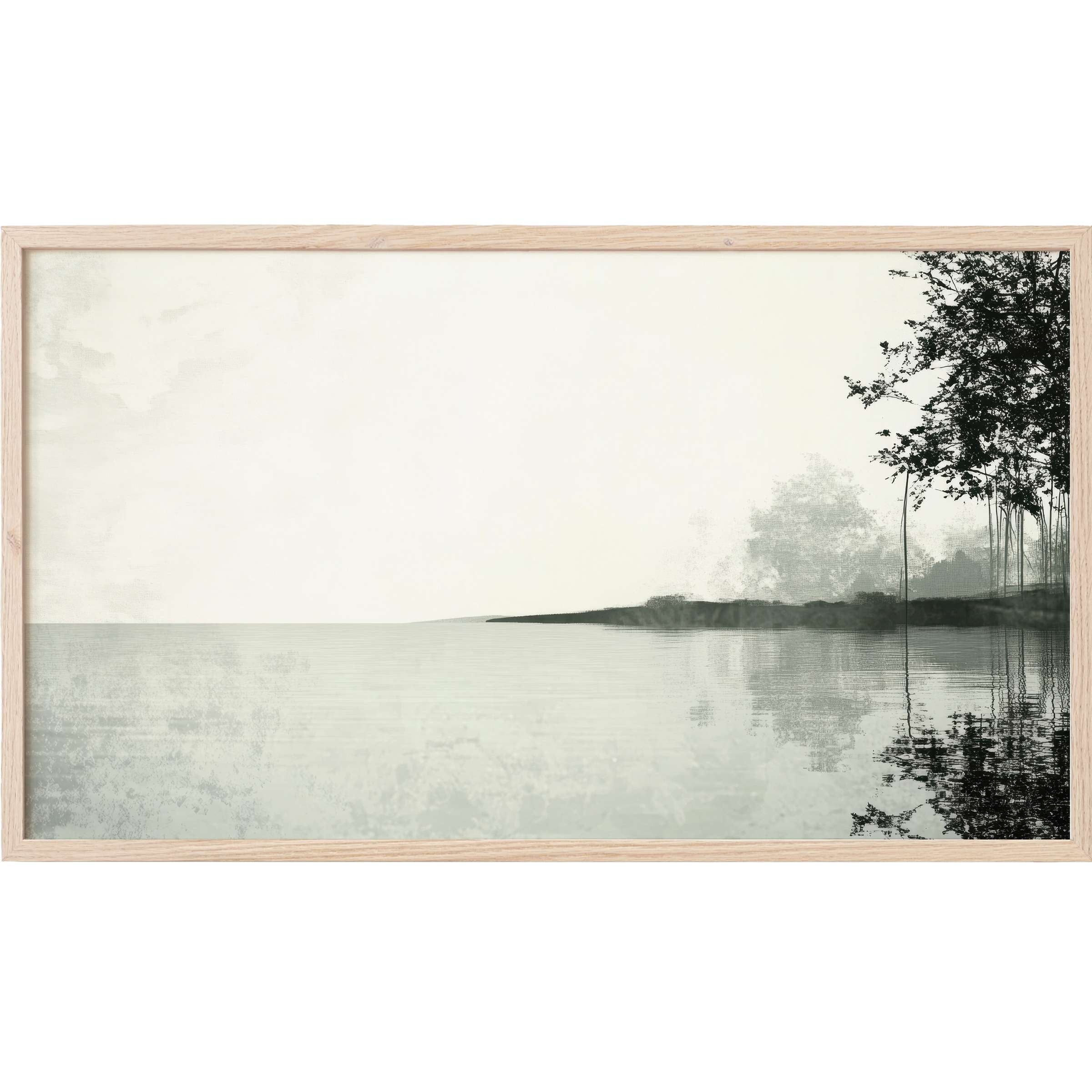 Serene lakeside minimalism with muted greys and blacks, perfect refined landscape Frame TV Art for stylish interiors