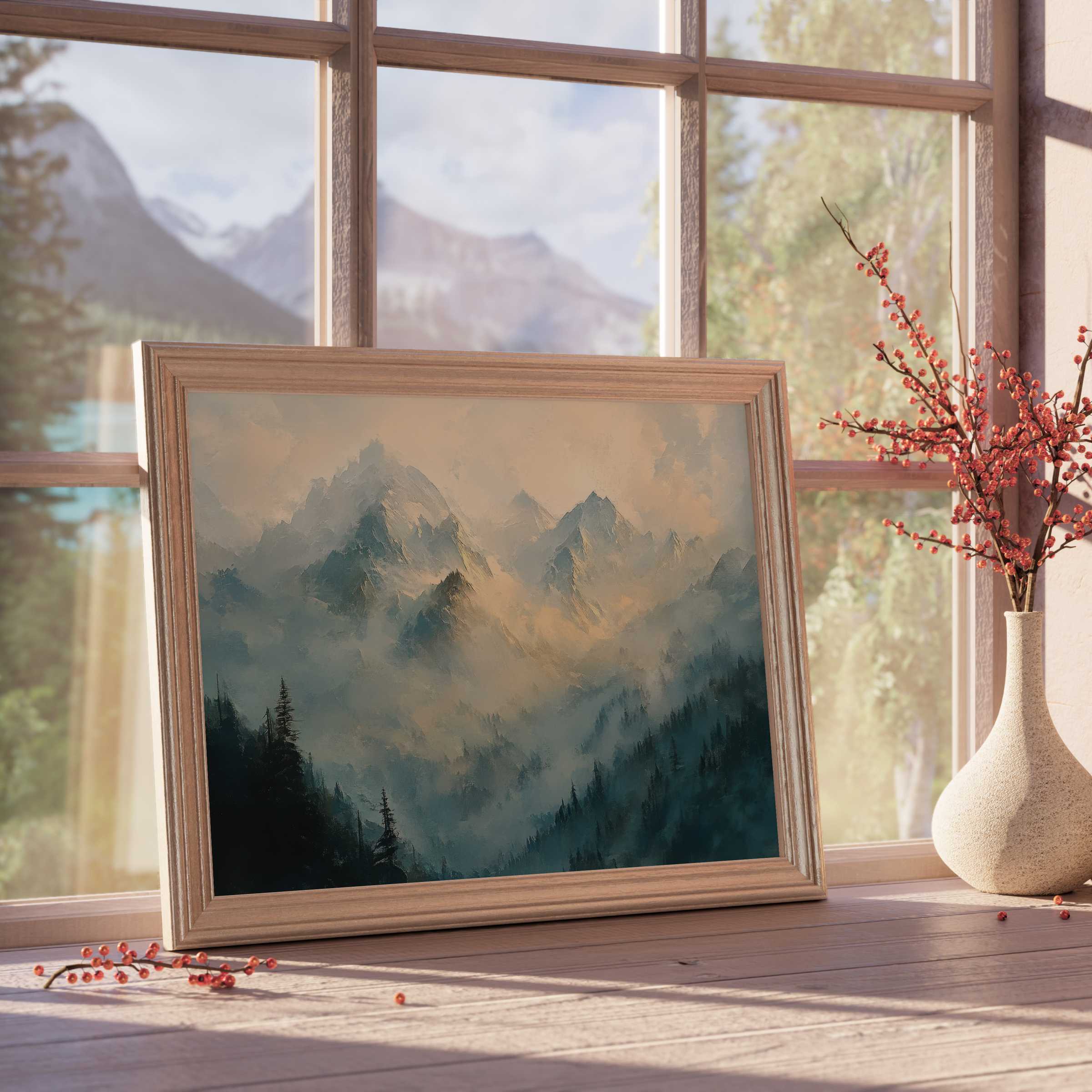 Serene spring downloadable art capturing misty mountain peaks in soft, muted tones, elevating tranquil modern interiors with nature’s calm