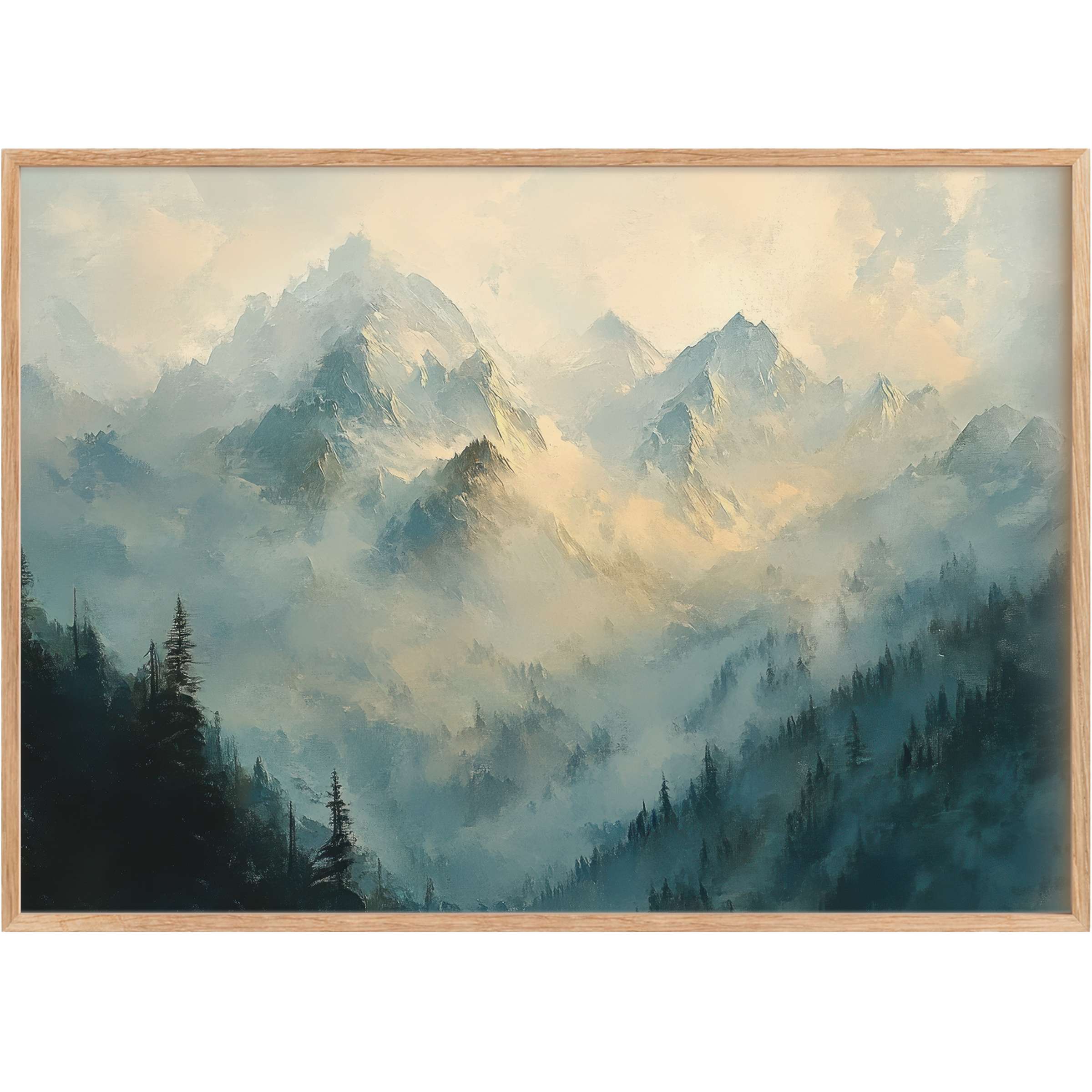 Mist-cloaked peaks in soft blues and warm golds evoke a serene, timeless calm in this spring printable wall art