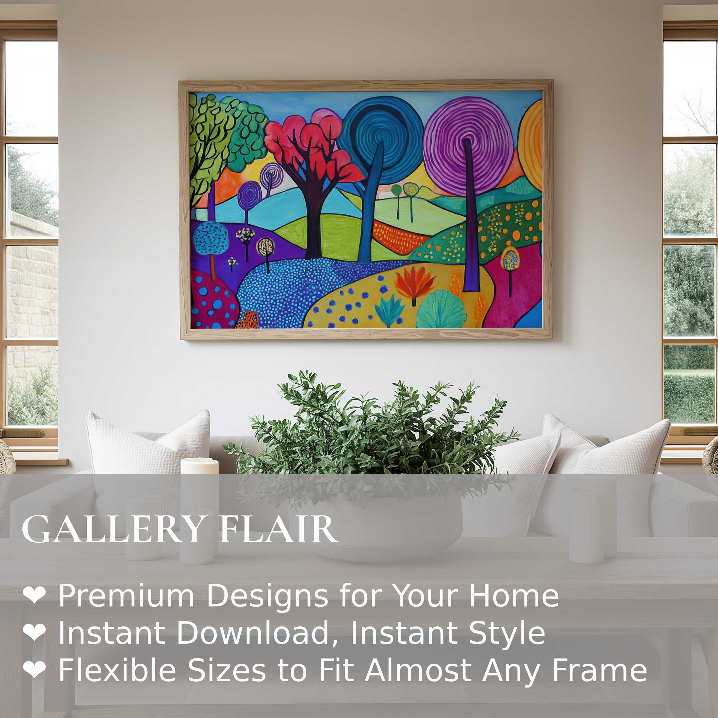 Vibrant pop art wall art print featuring bold abstract trees in bright hues, enhancing a modern minimalist living space with dynamic charm and color