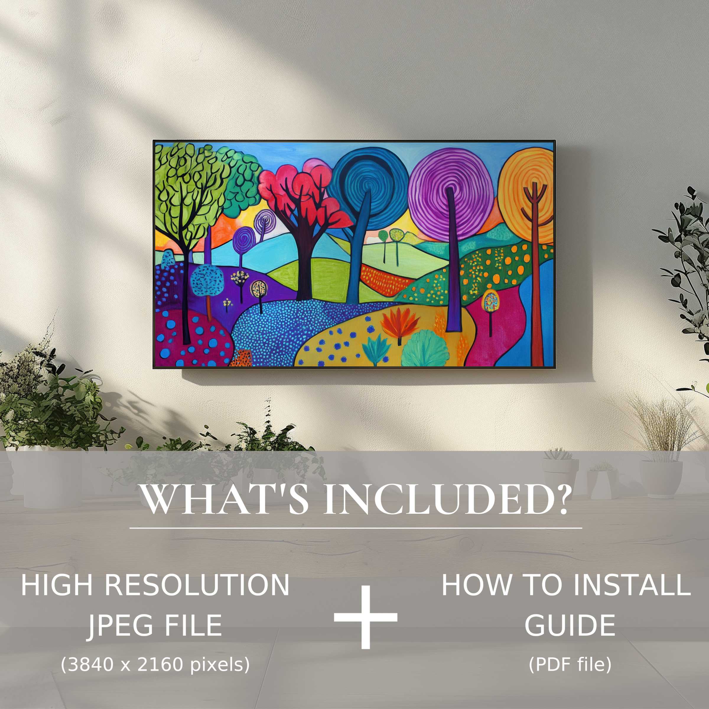 Elegant living room with vibrant pop art digital TV art download, easily enhancing space with instant digital use