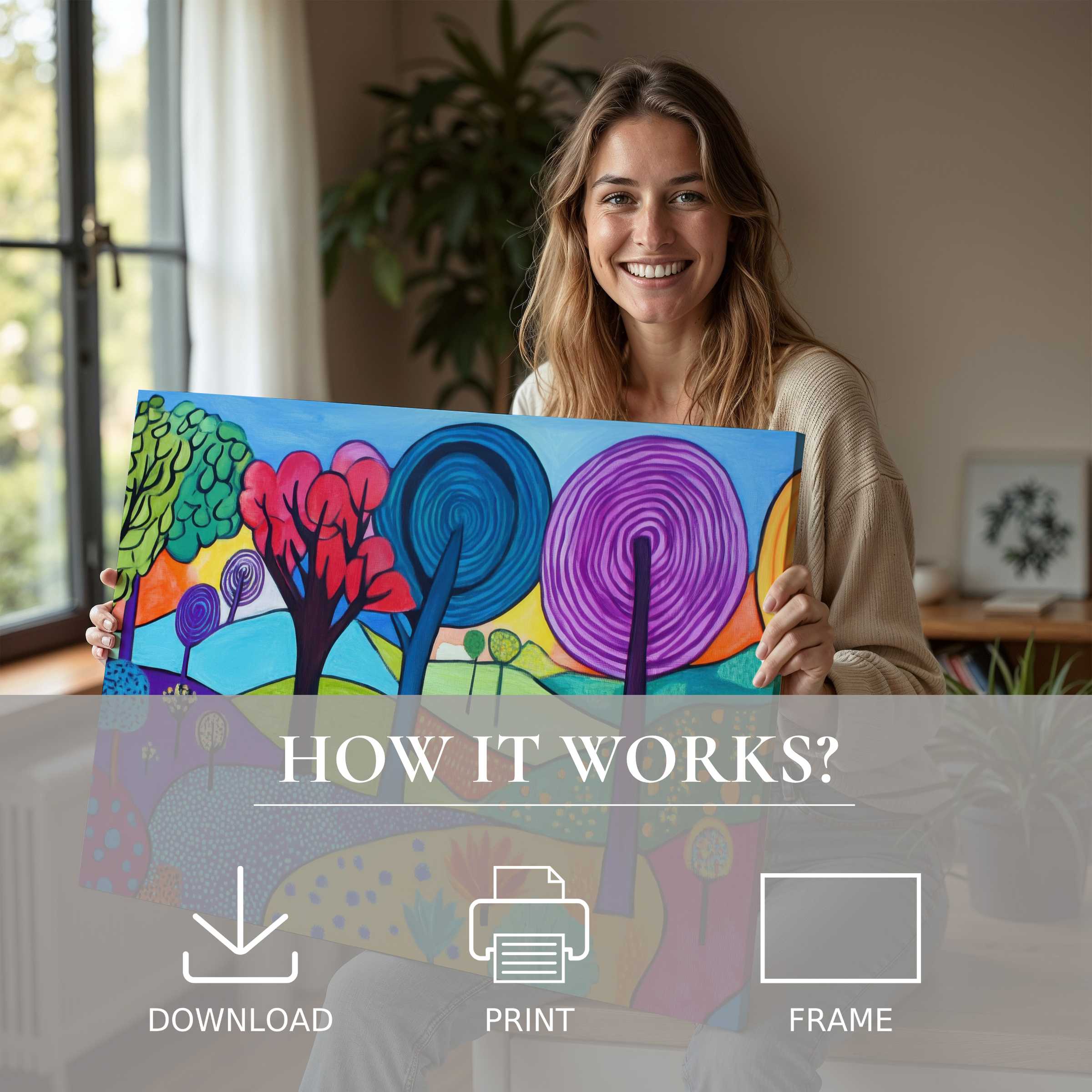 A serene moment of joy as vibrant pop art digital art print breathes life into a modern home’s tranquil space