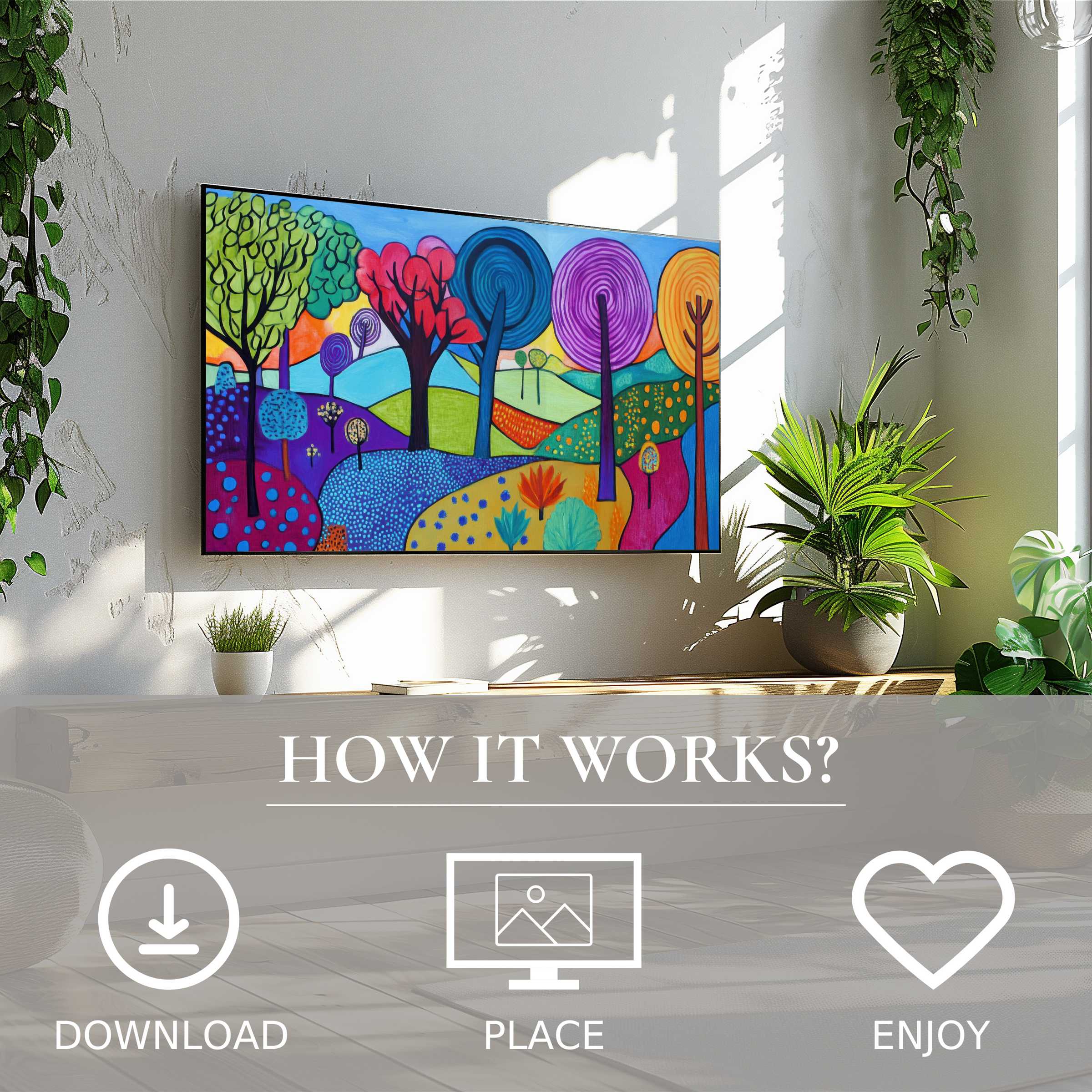 Pop art art for Samsung TV with vibrant tree motifs, easy digital download, enriching bright, plant-filled living spaces