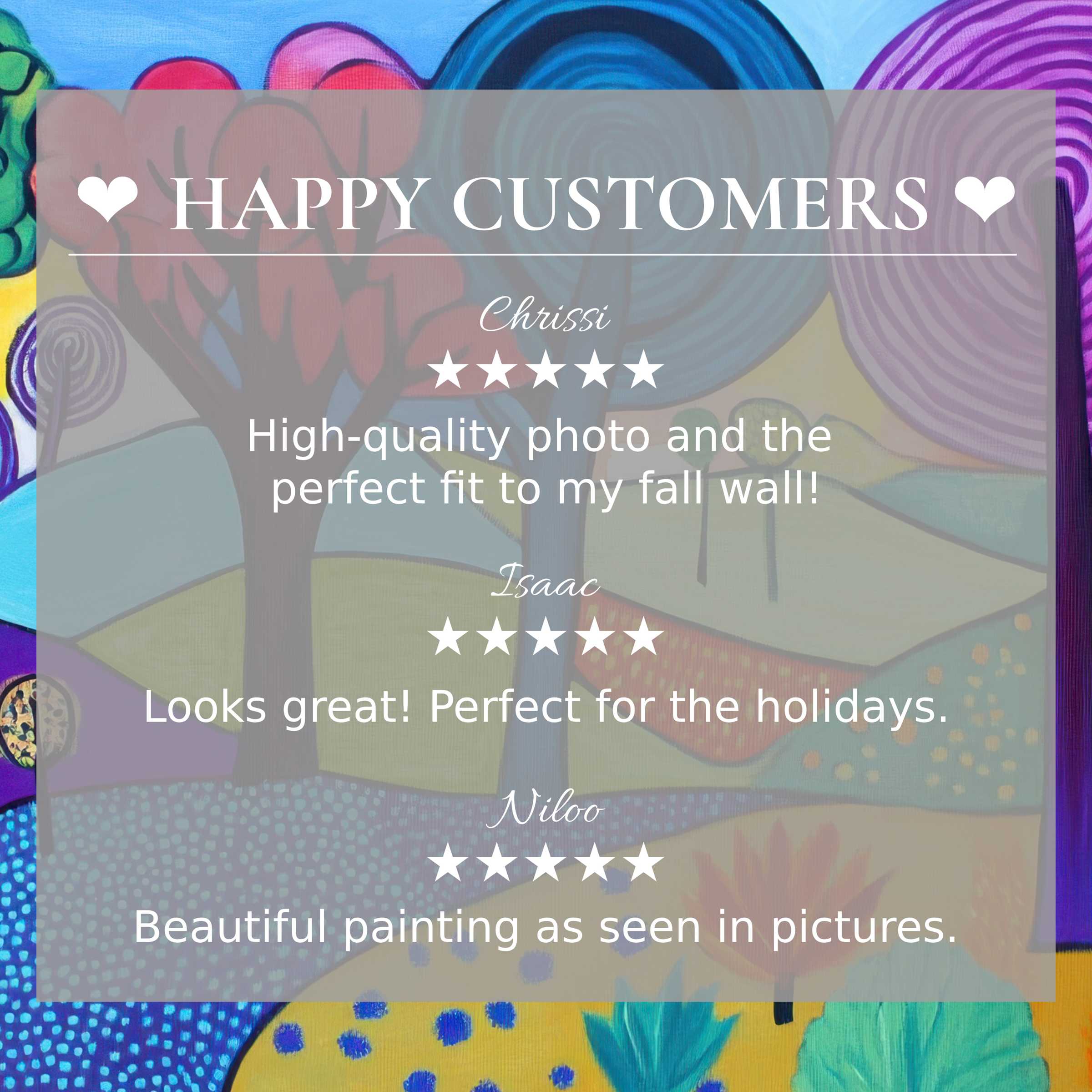 Pop art for Frame TV with abstract sunset colors, showcasing a happy customer and elegant trusted reviews