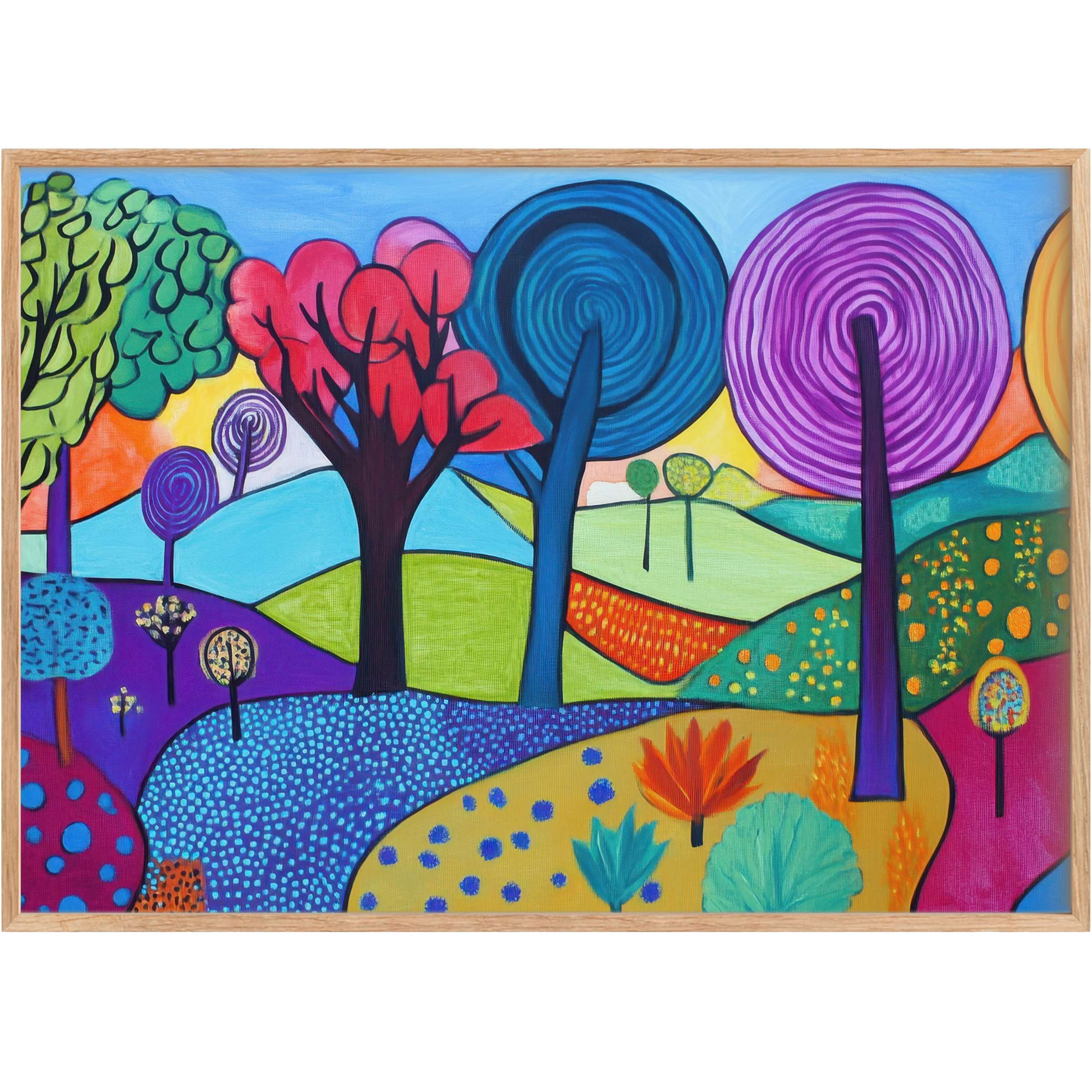 Vibrant pop art printable wall art with bold blues, purples, and reds evokes a joyful, whimsical atmosphere for chic interiors