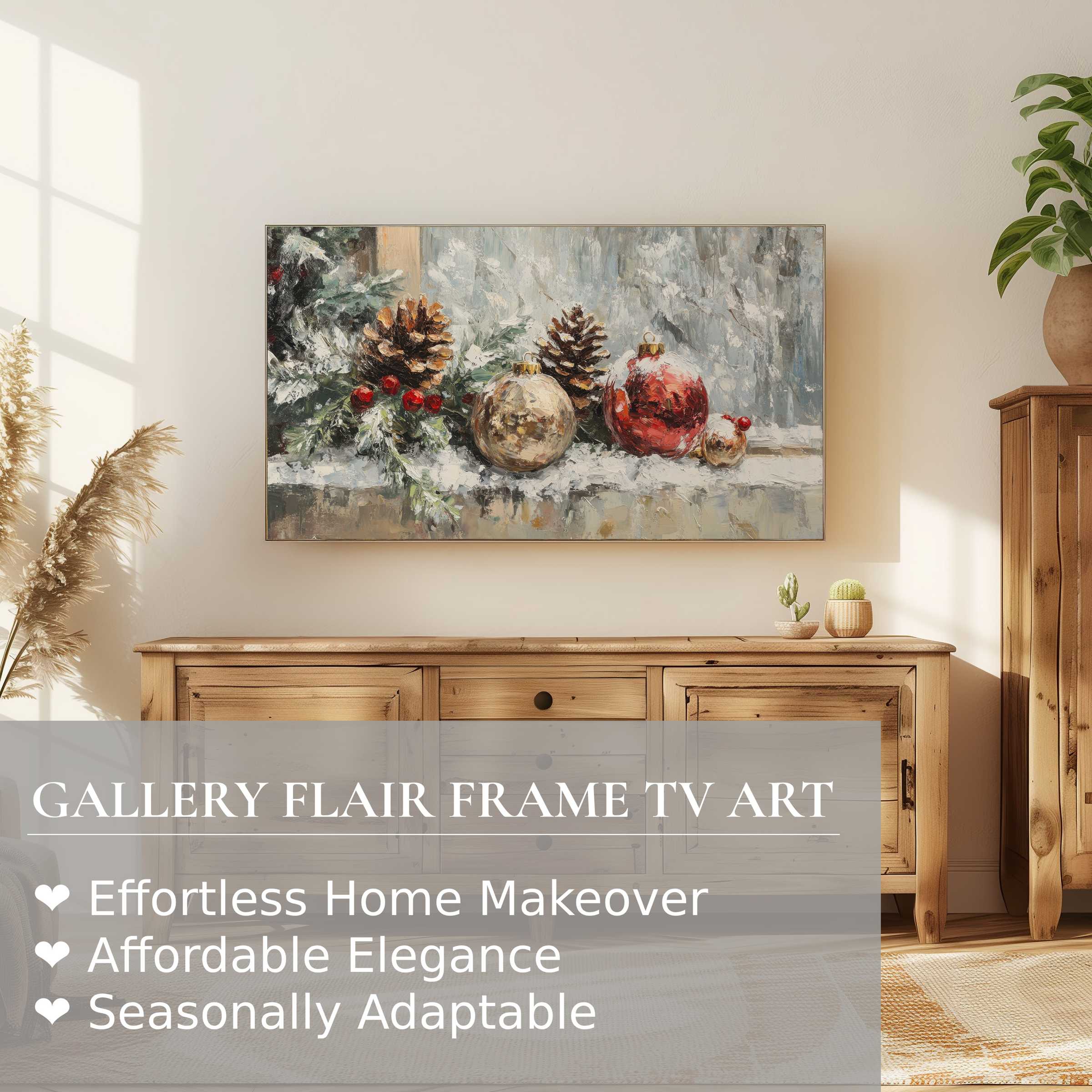 Samsung Frame TV displaying elegant Christmas digital artwork with pinecones and ornaments in a warm modern setting