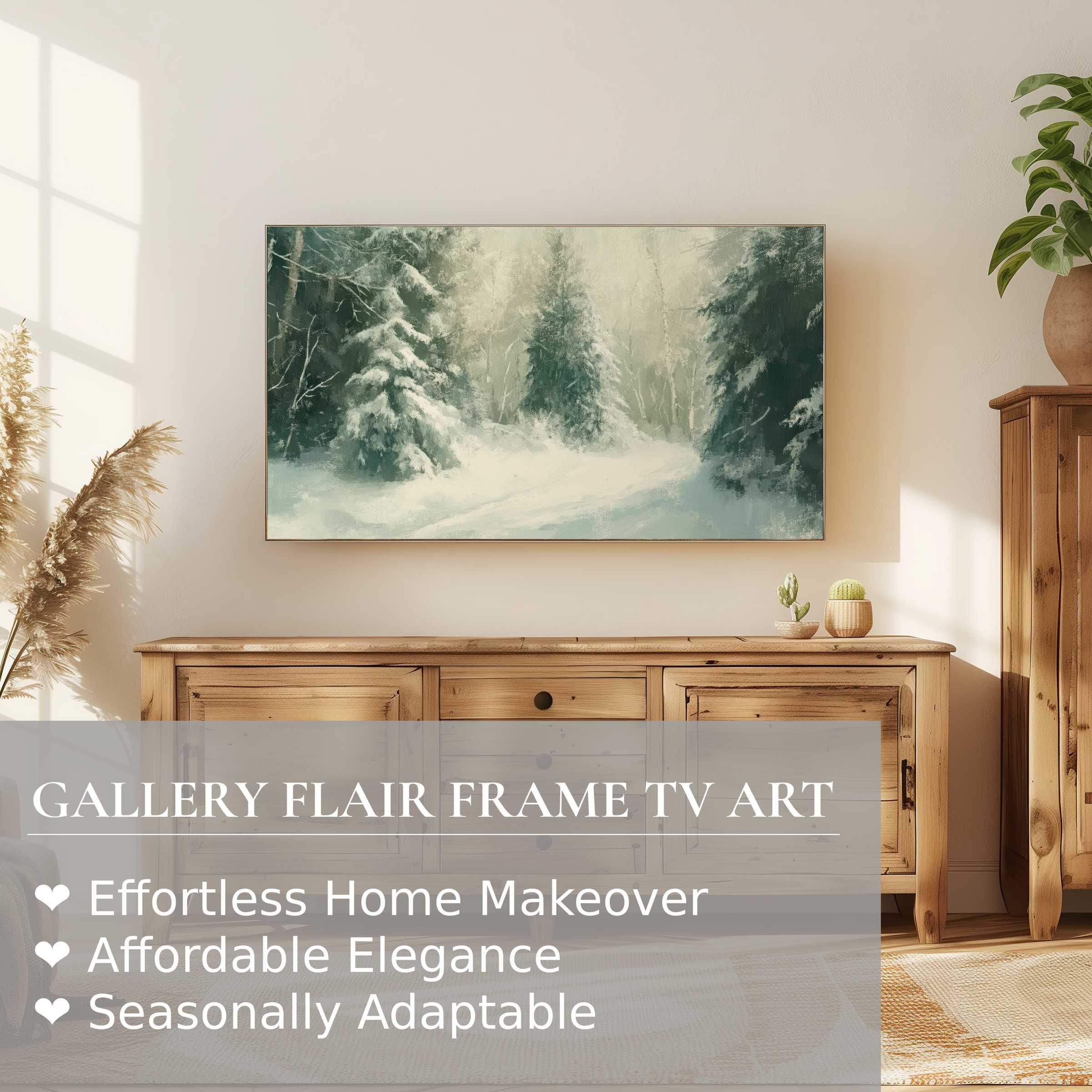 Samsung Frame TV displaying serene, muted winter digital artwork in a minimalist, elegant living room setting