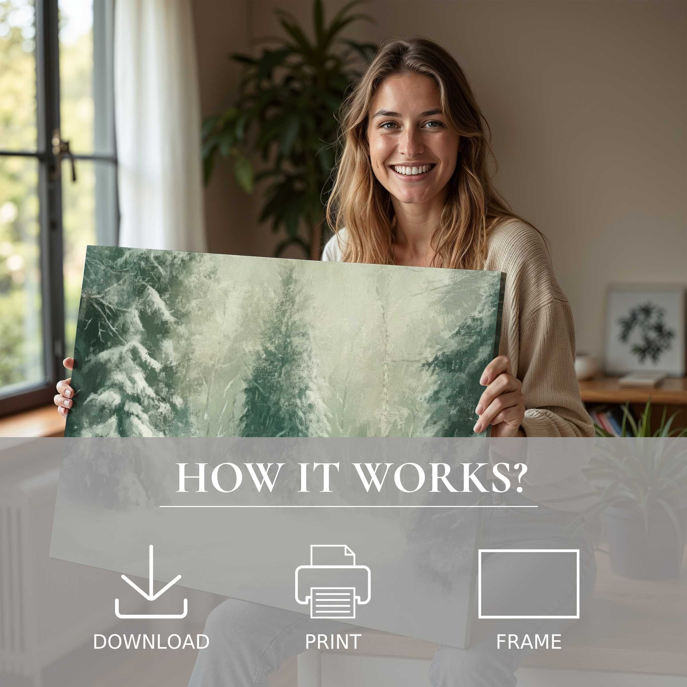 Joyful woman revels in a serene winter digital art print, embodying effortless elegance and warmth in modern home decor