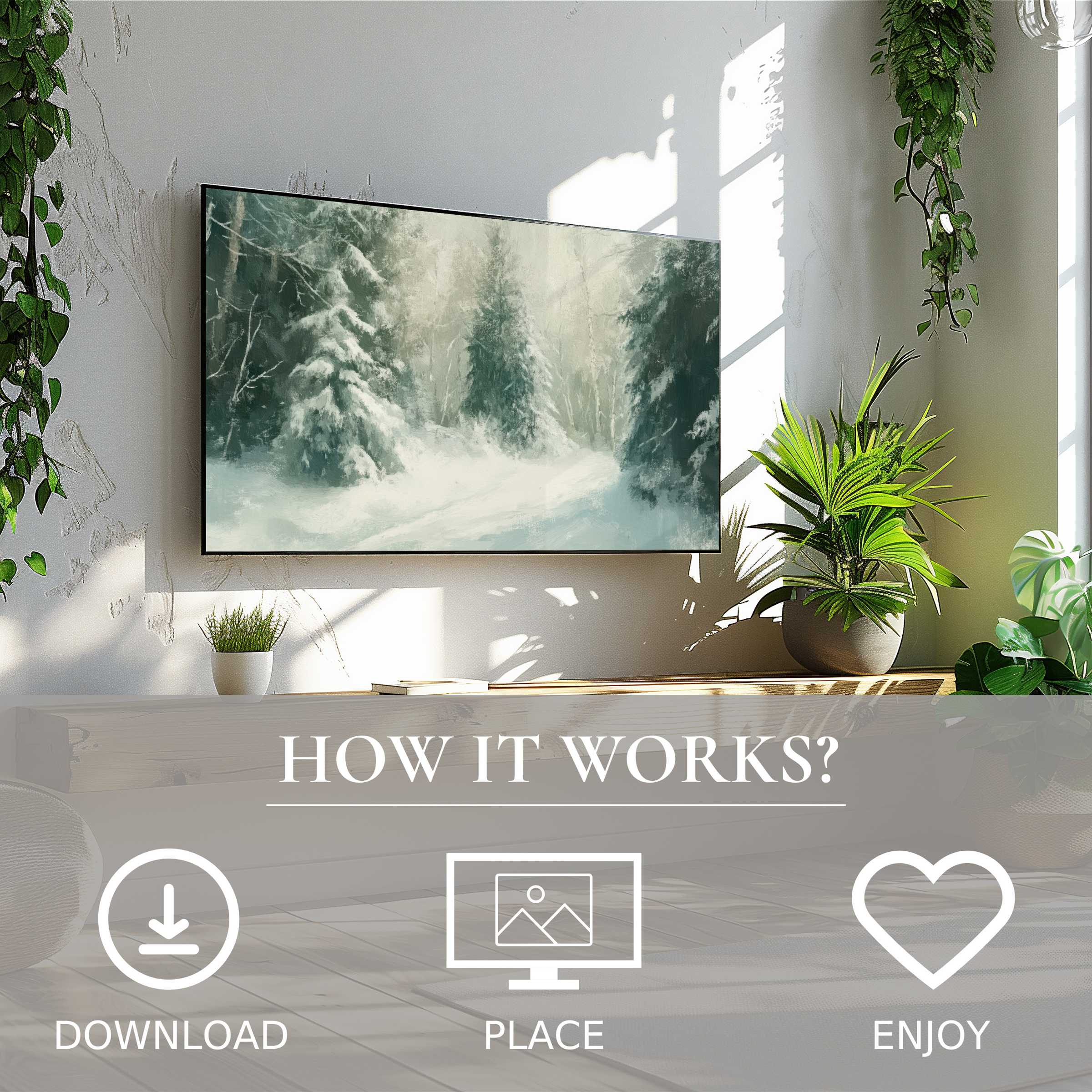 Winter art for Samsung TV shows soft snowy forest tones, easy digital download enriches sleek, modern living spaces