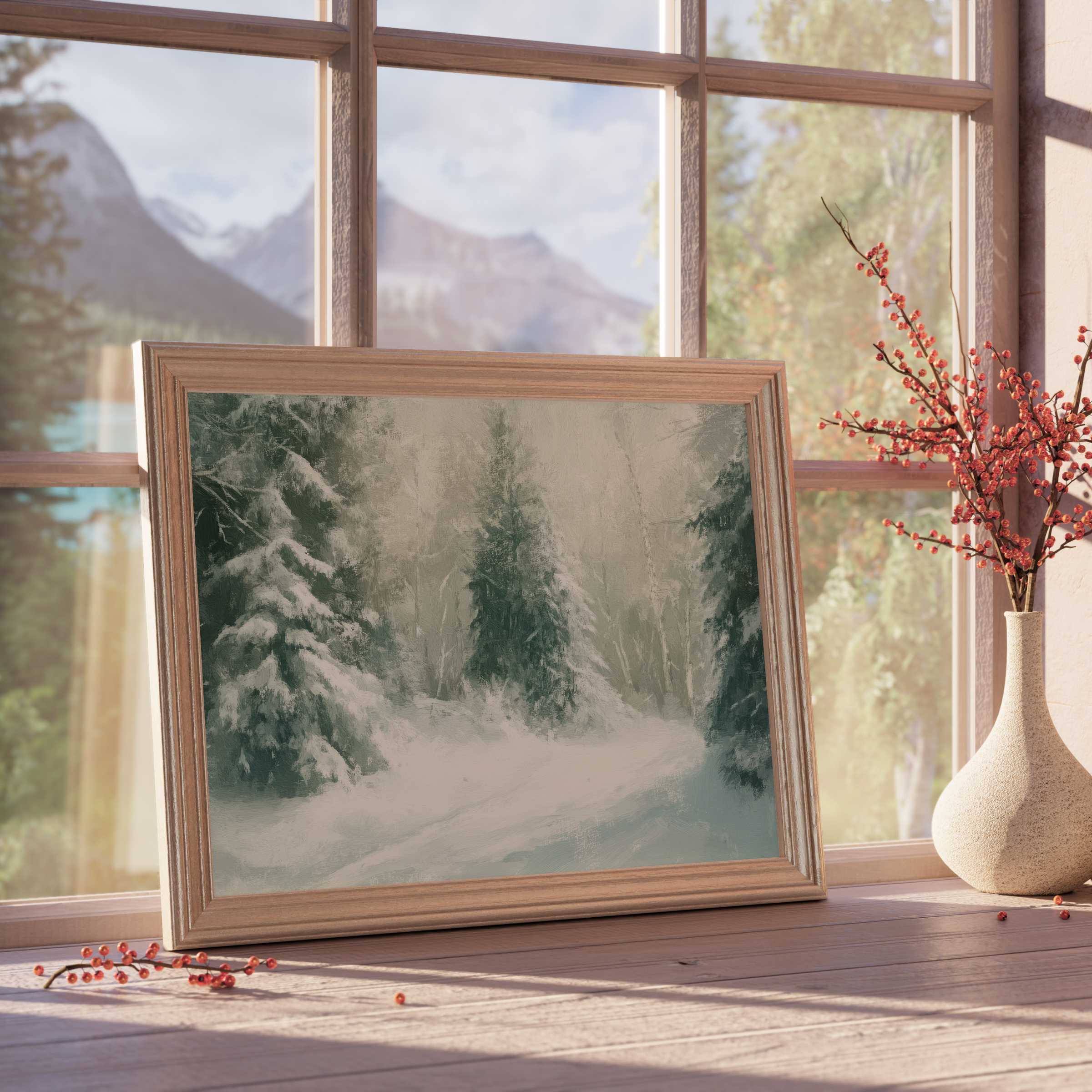 Winter downloadable art capturing a serene snow-laden forest scene, perfect for elevating tranquil, curated interiors