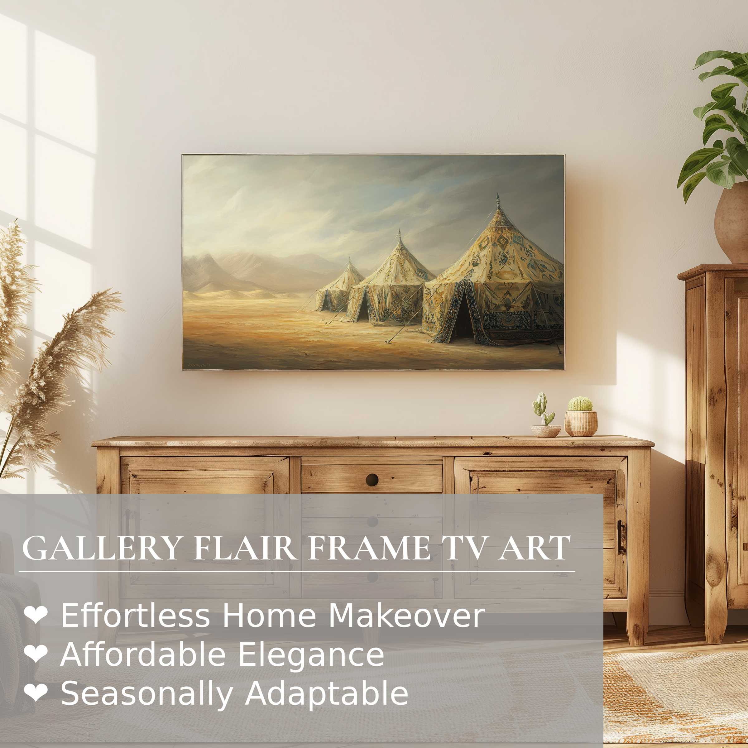 Samsung Frame TV displays boho digital artwork of ornate desert tents in a serene, sunlit modern living space