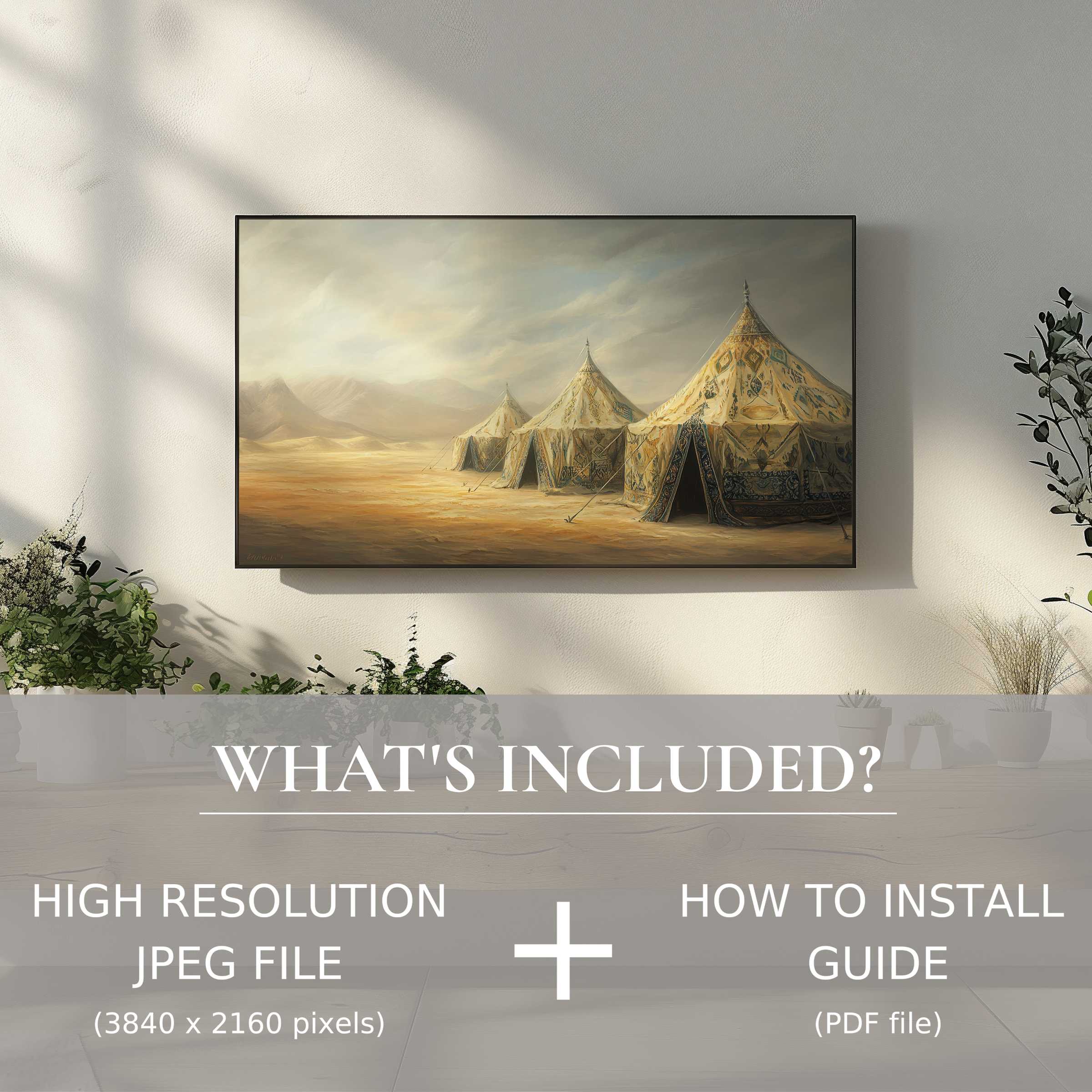 Elegant boho digital TV art download of desert tents, elevating living spaces with easy digital installation and style