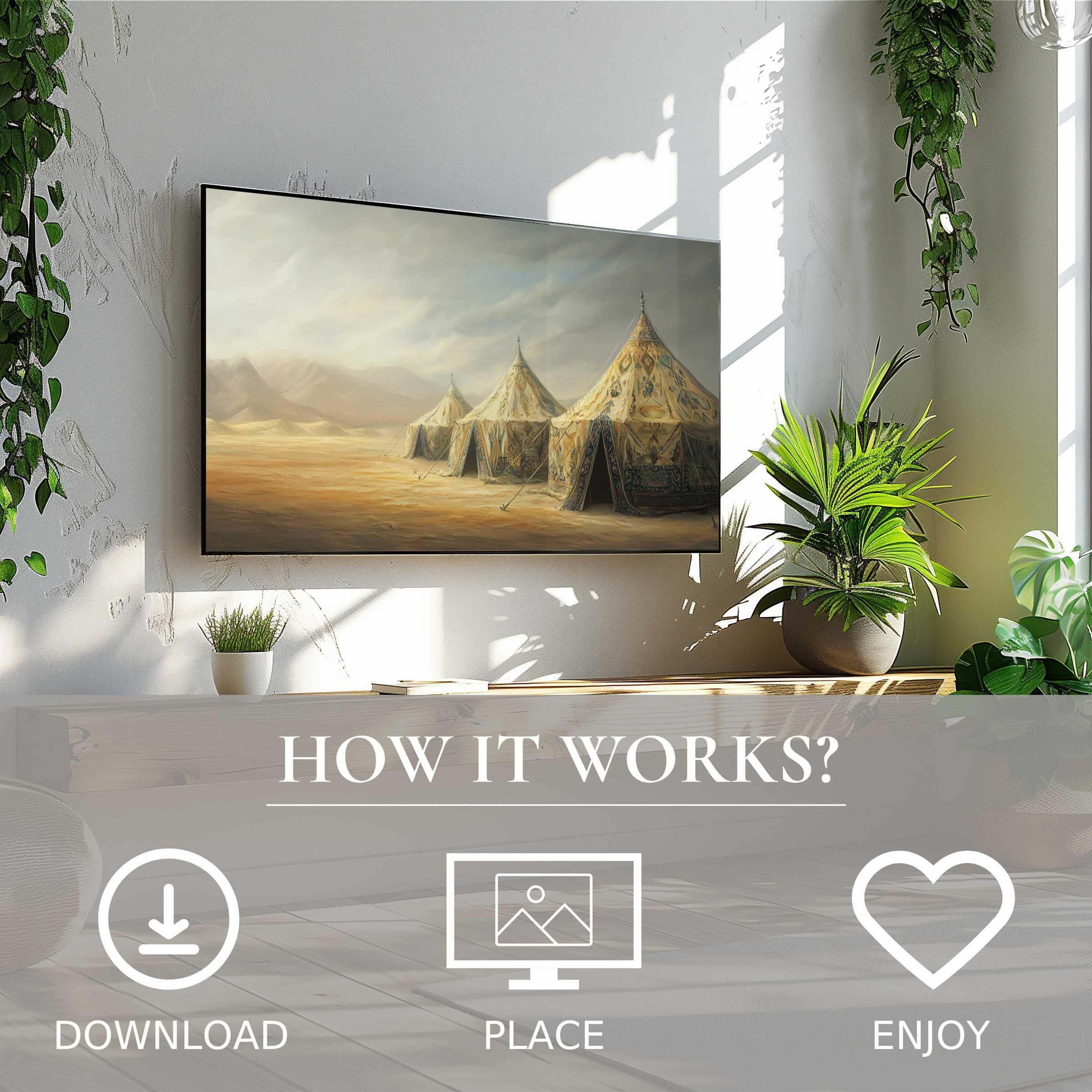 Boho art for Samsung TV: serene desert tents in warm tones, easy digital download enriches stylish living spaces