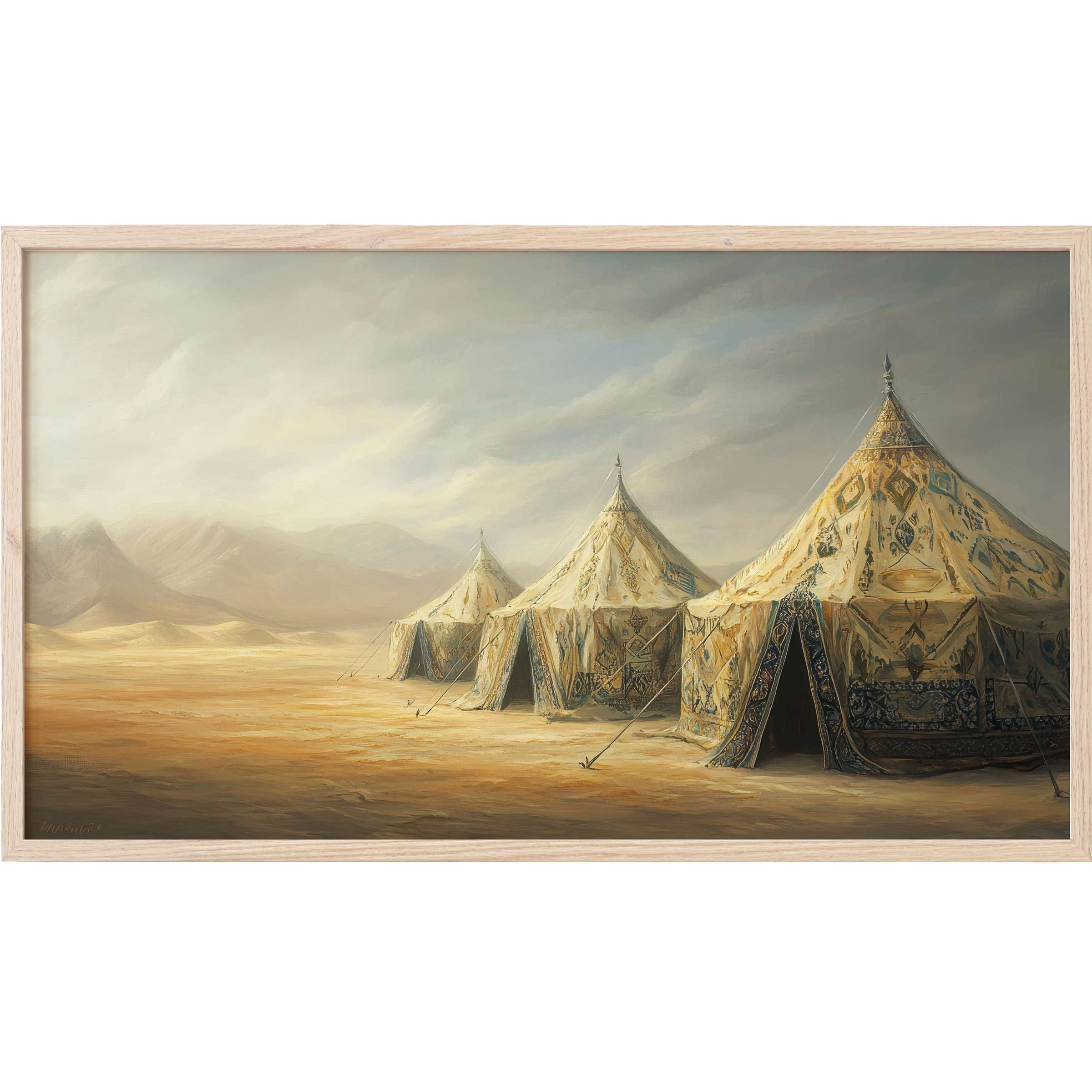 Boho Frame TV Art with soft earthy tones depicts ornate desert tents under a muted, cloudy sky in elegant brushstrokes