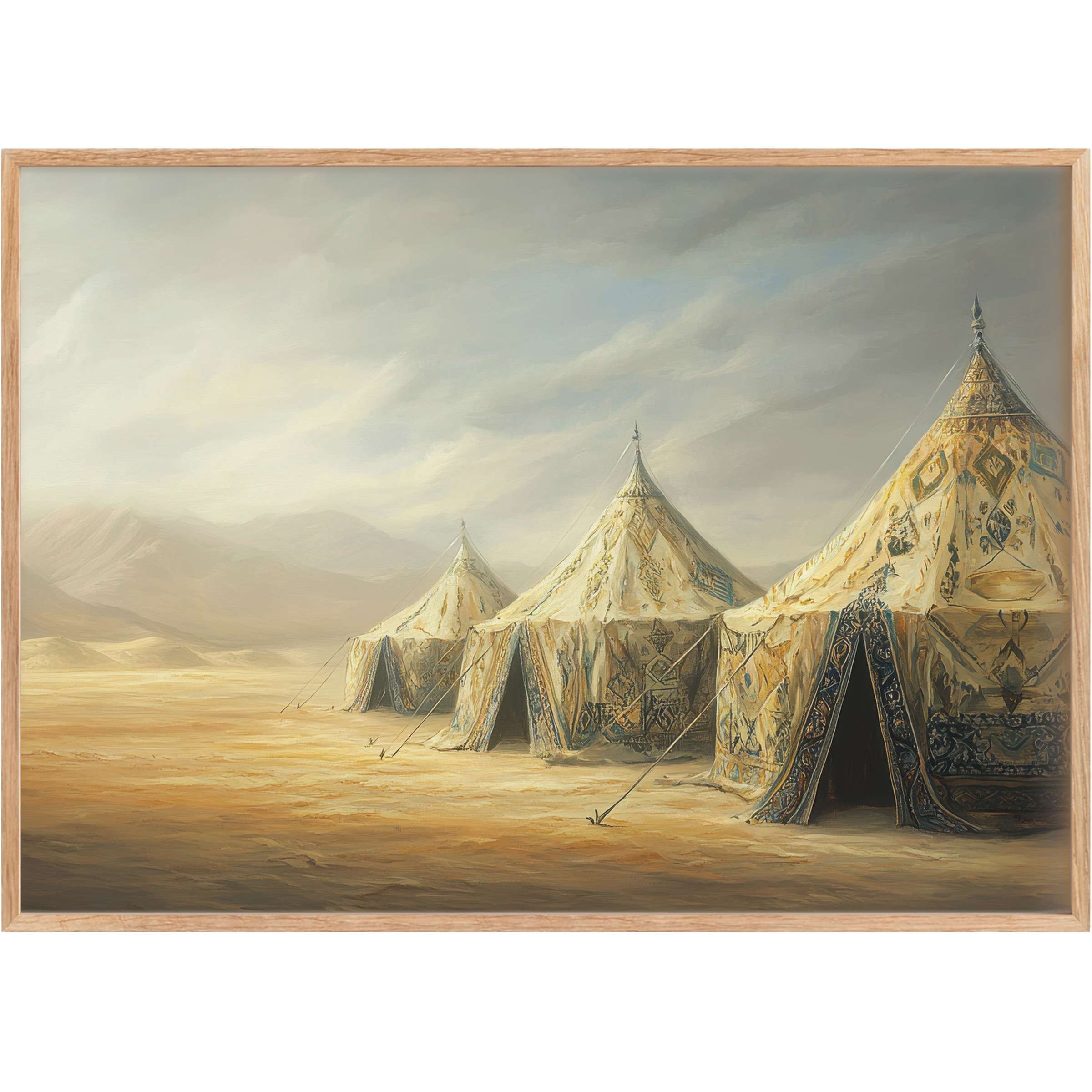 Elegant boho printable wall art featuring serene desert tents in warm golds and soft blues, evoking calm and timeless wanderlust