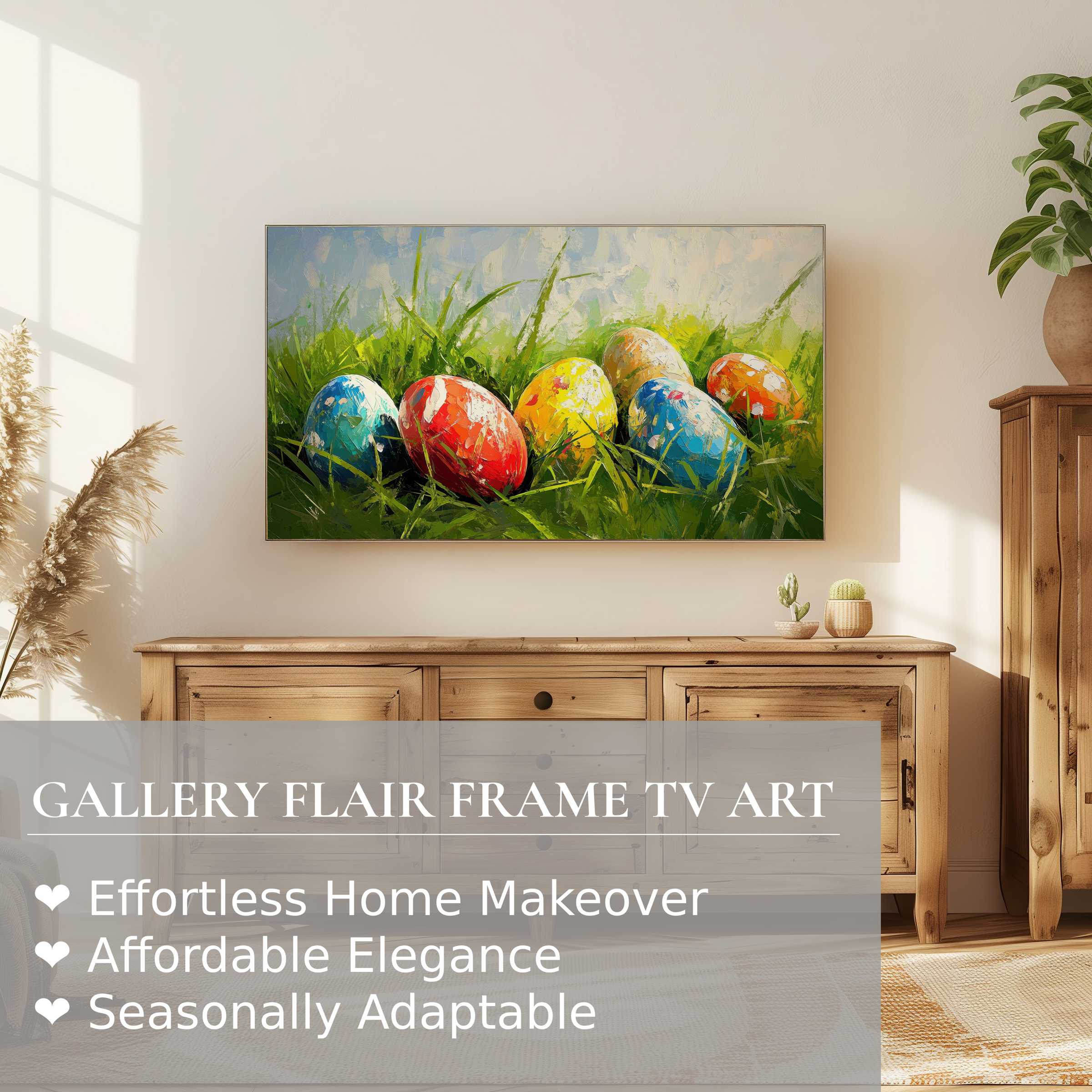 Samsung Frame TV showcasing vibrant easter digital artwork with colorful eggs in lush grass, elegant modern decor