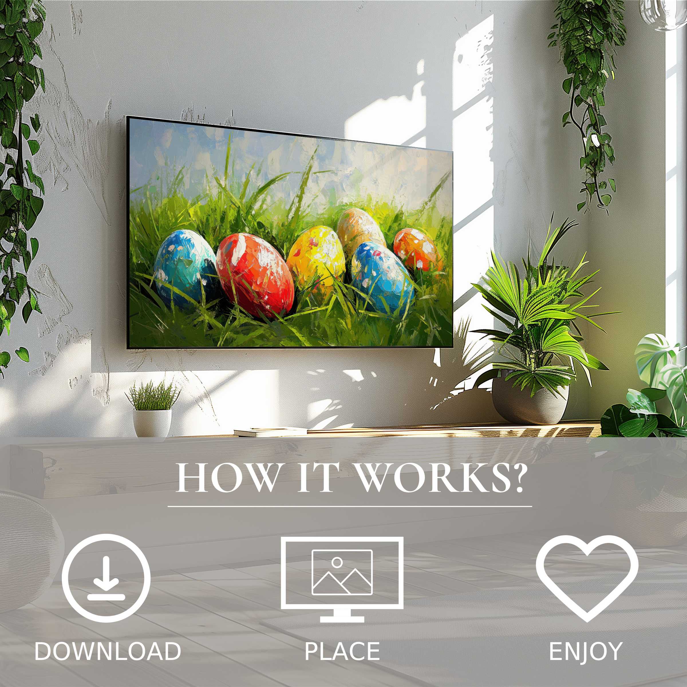 Modern living room with easter art for Samsung TV, featuring vibrant eggs in lush green grass, easy digital download
