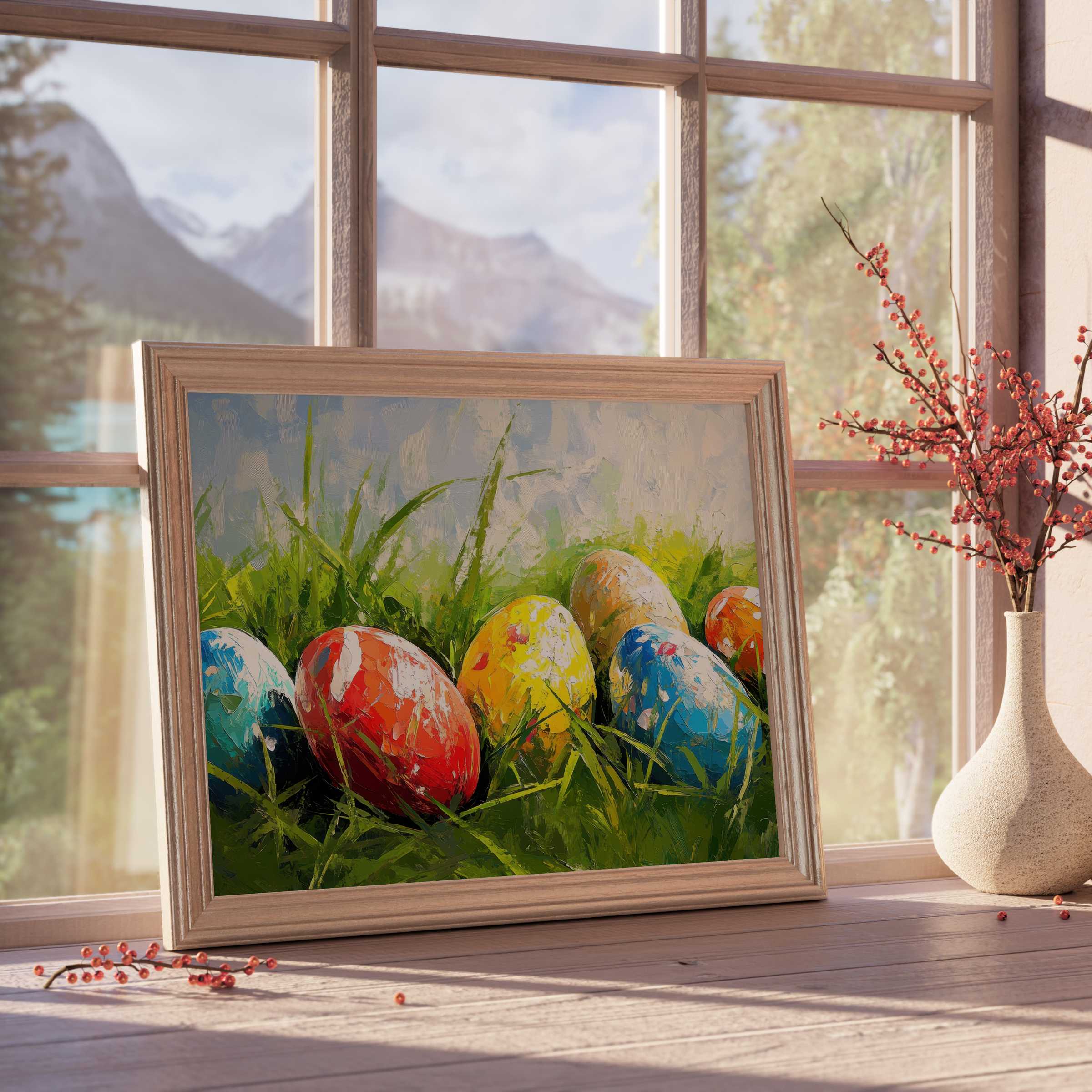 Vibrant easter downloadable art capturing colorful eggs nestled in lush grass, elevating serene, curated interiors with joyful charm
