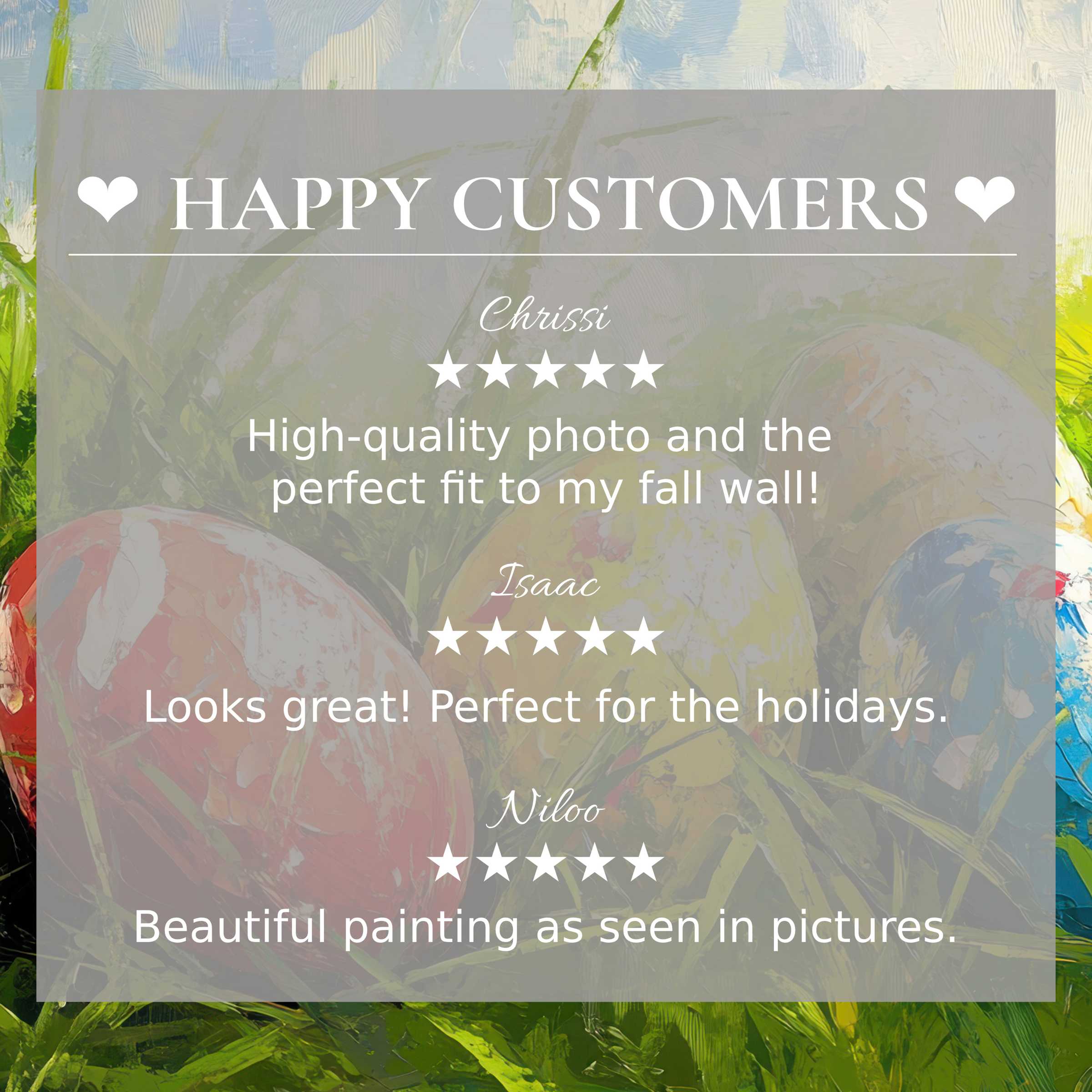 Elegant easter art for Frame TV displays painted eggs on a soft pastel background with happy customer reviews