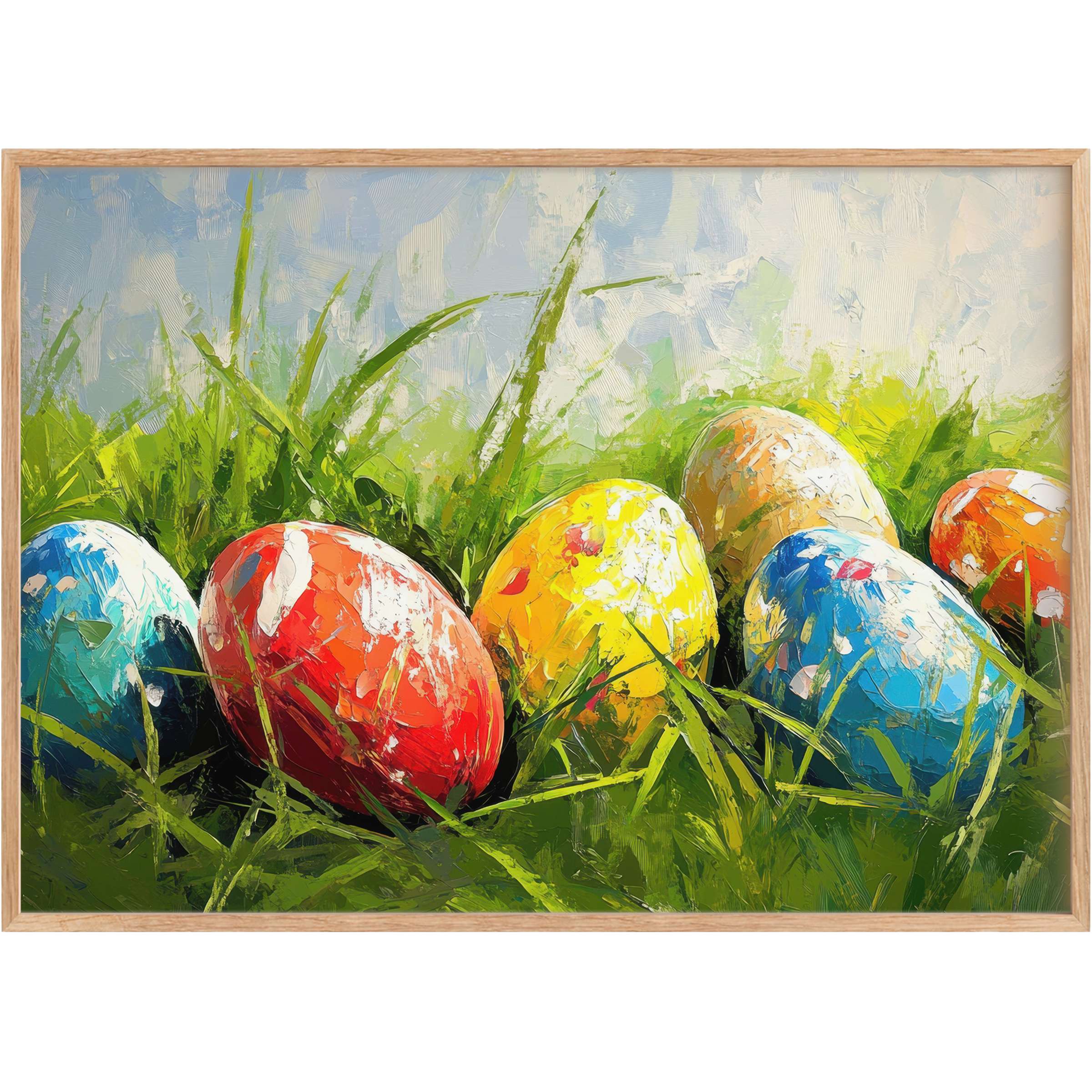 Vibrant easter printable wall art featuring bold red, yellow, and blue eggs nestled in lush green grass, evoking joyful spring renewal