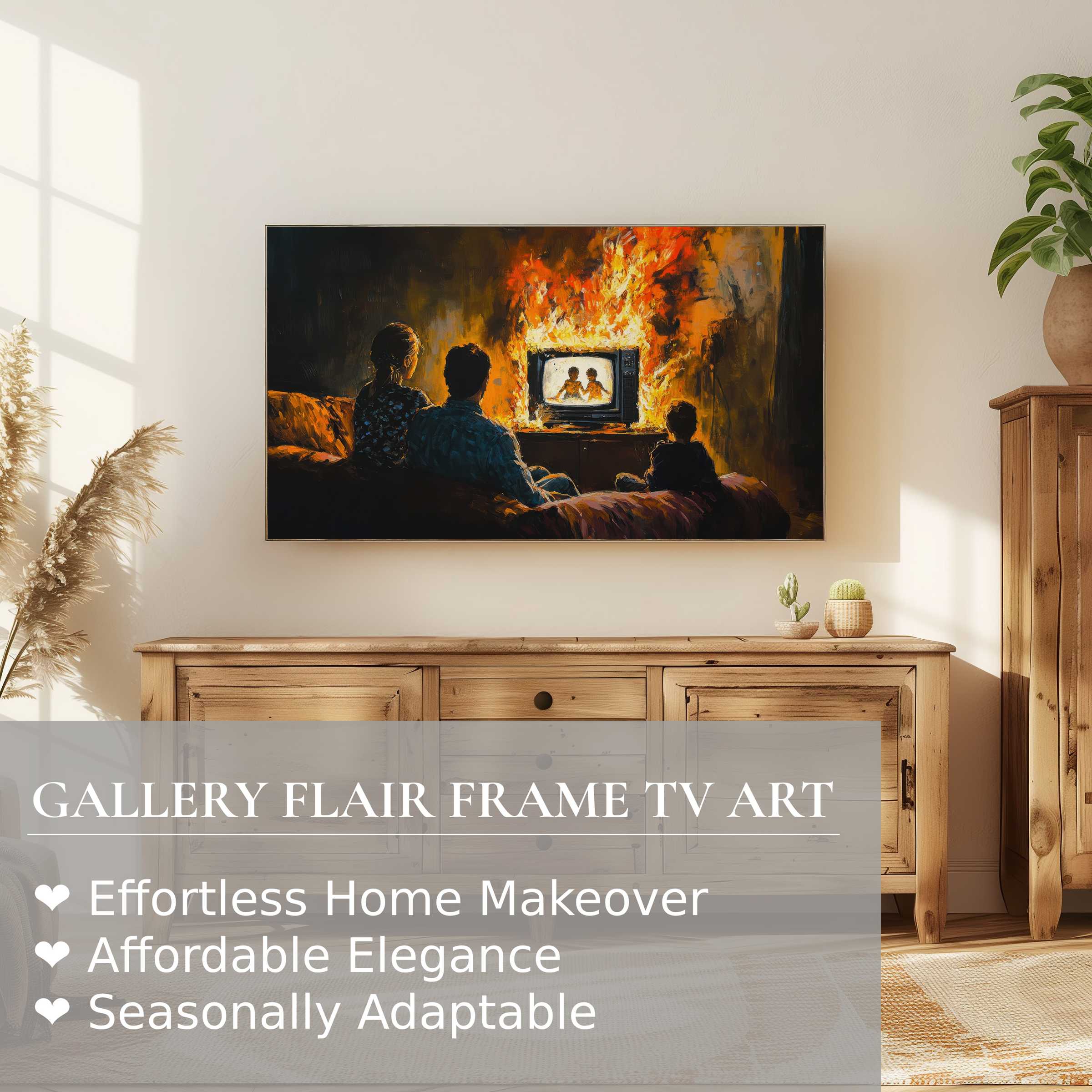 Modern living room with Samsung Frame TV showcasing a vivid street art digital artwork, blending bold fire imagery and subtle warmth