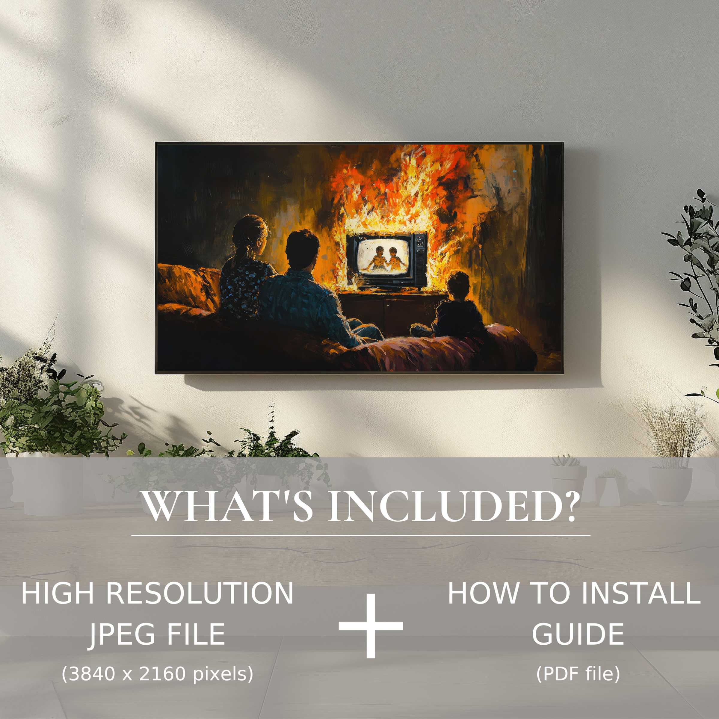 Stylish living room with street art digital TV art download, easy digital use, elevates ambiance with fiery artwork