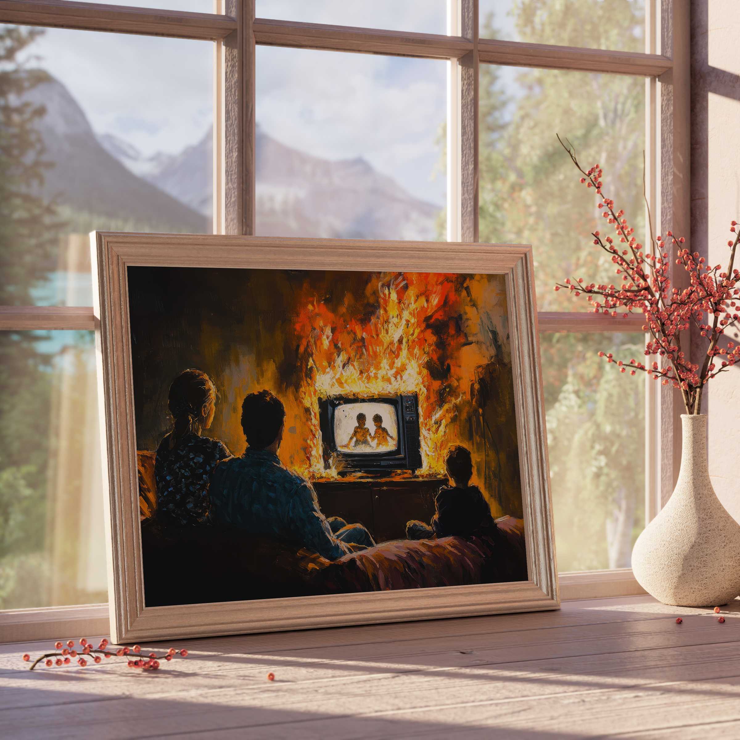 Street art downloadable art featuring a vivid, fiery scene that ignites curated, bold interiors with vibrant storytelling