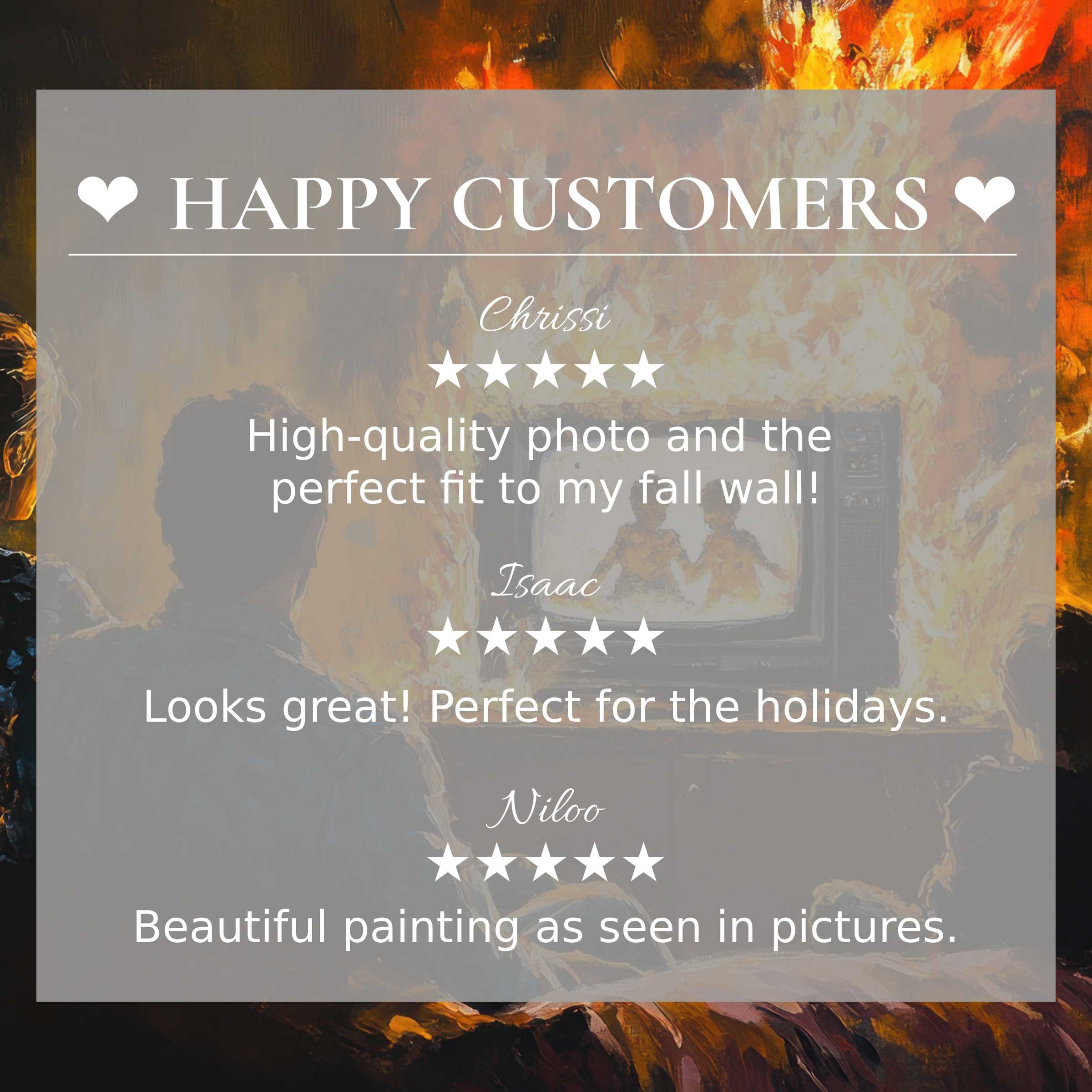 Modern street art for Frame TV with fiery sunset tones, showcasing happy customer reviews that build trust and elegance