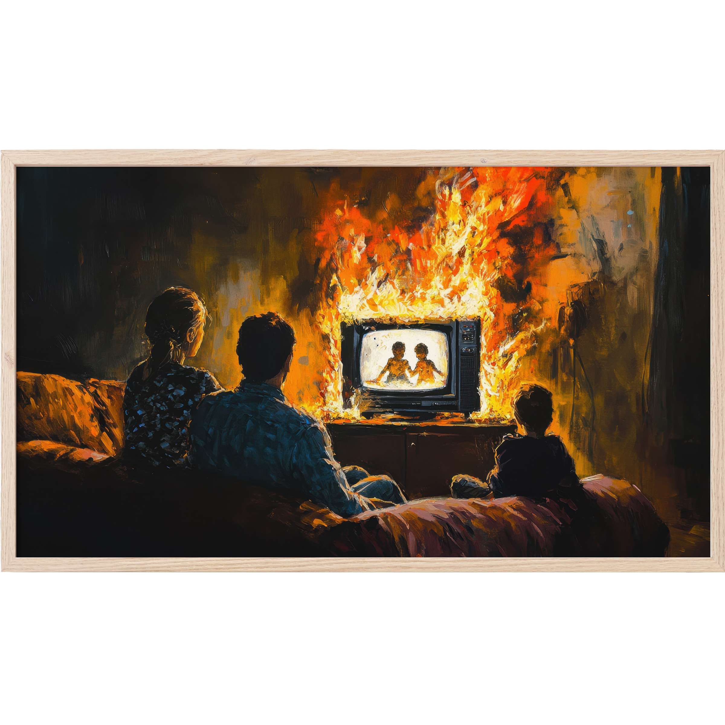Dramatic street art Frame TV Art with warm oranges and dark shadows showing a family watching a fiery, burning TV