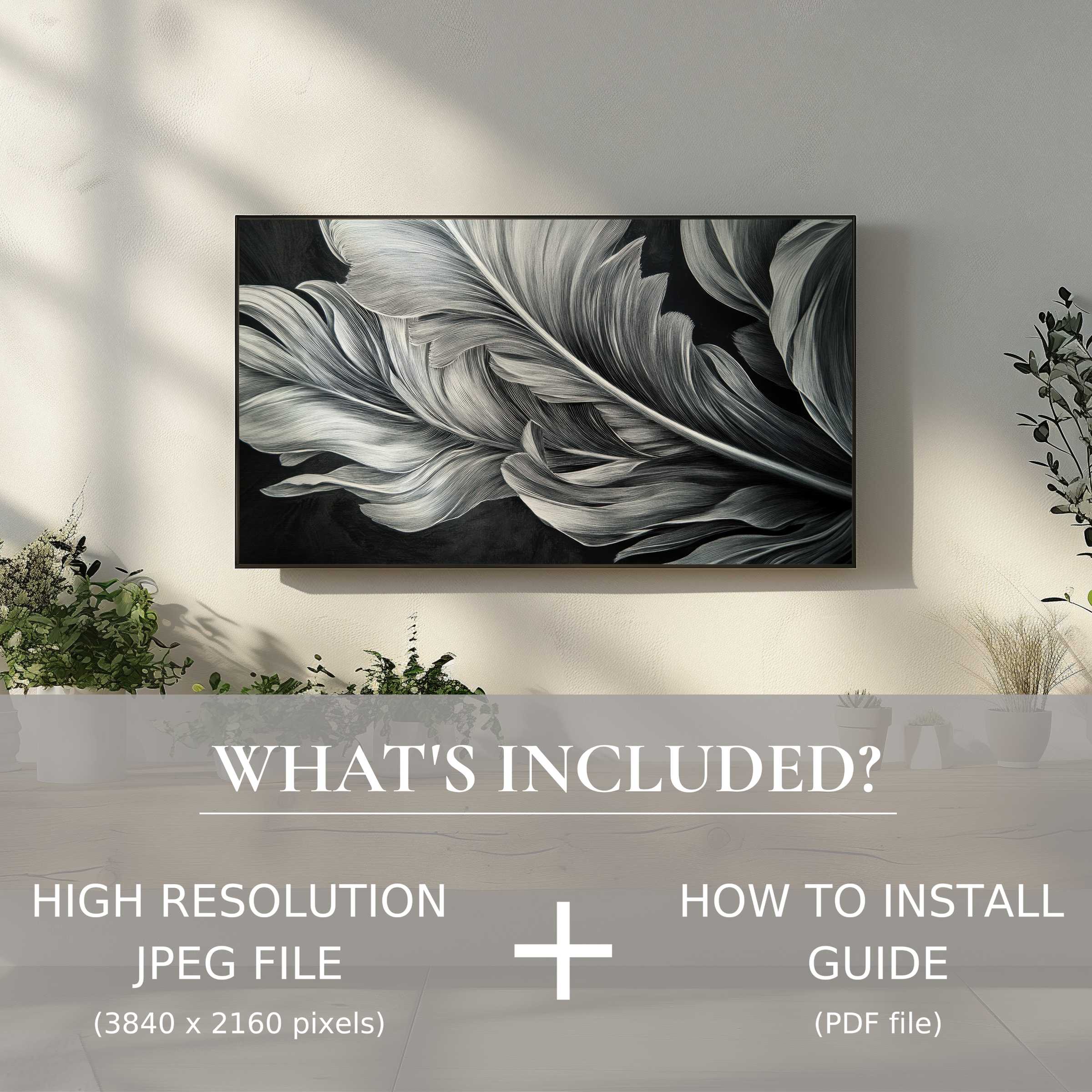 Elegant black and white digital TV art download enhances modern living spaces with easy digital use and refined botanical design