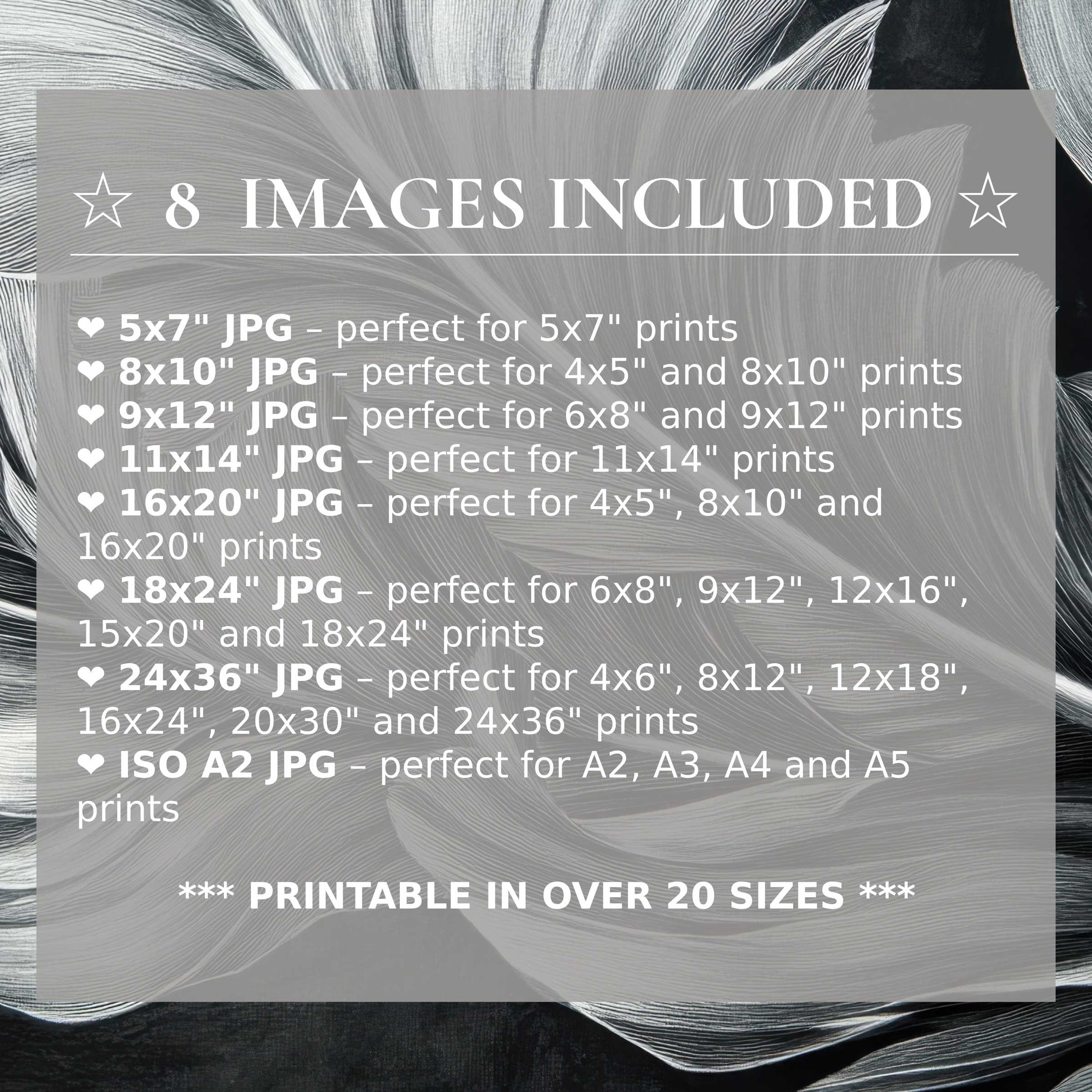 Black and white digital print exuding bold elegance and calm sophistication, delivered in 8 high-quality sizes included to elevate modern interiors with timeless style and versatile beauty