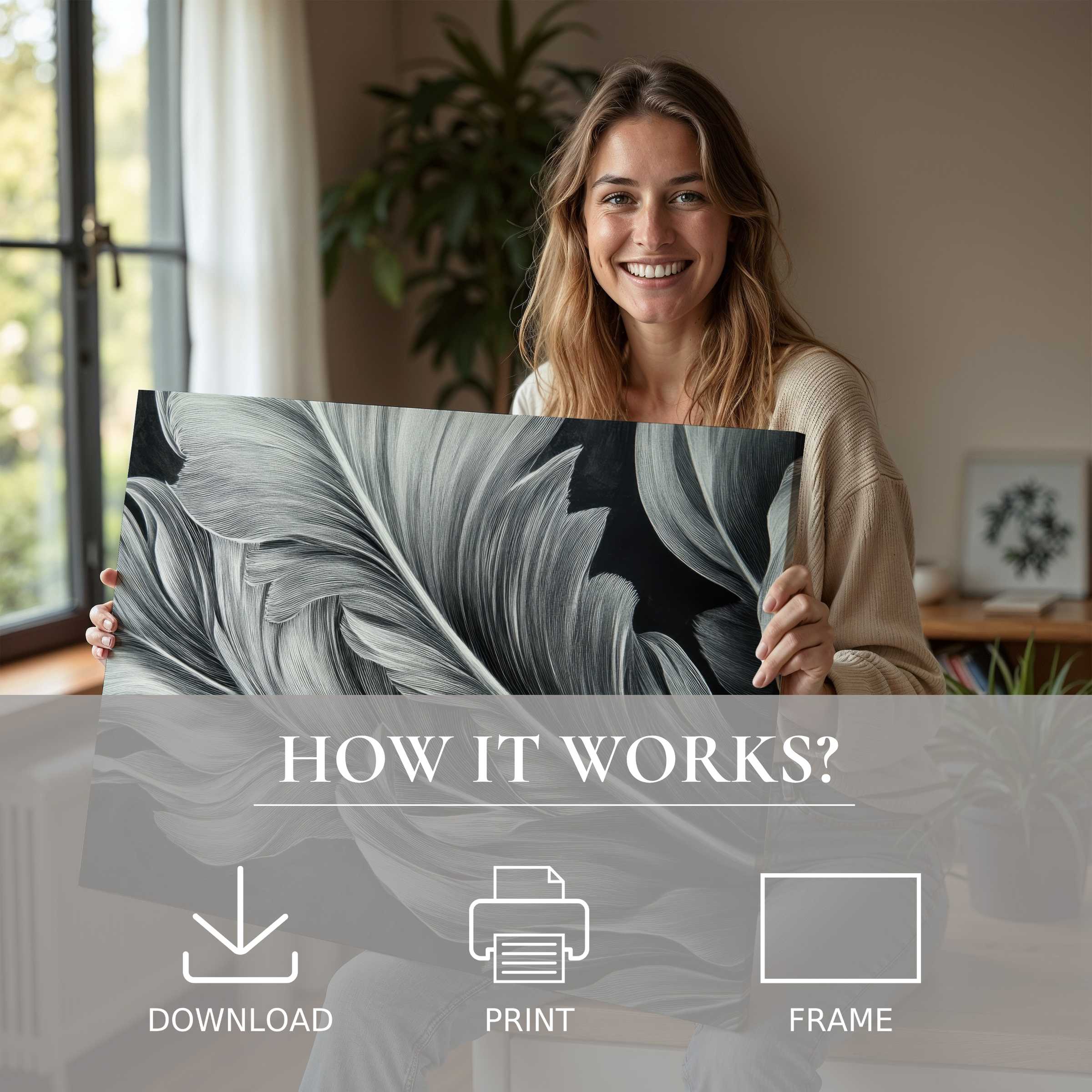 Elegant black and white digital art print radiates calm and joy in a sunlit, modern home, elevating everyday spaces with effortless beauty