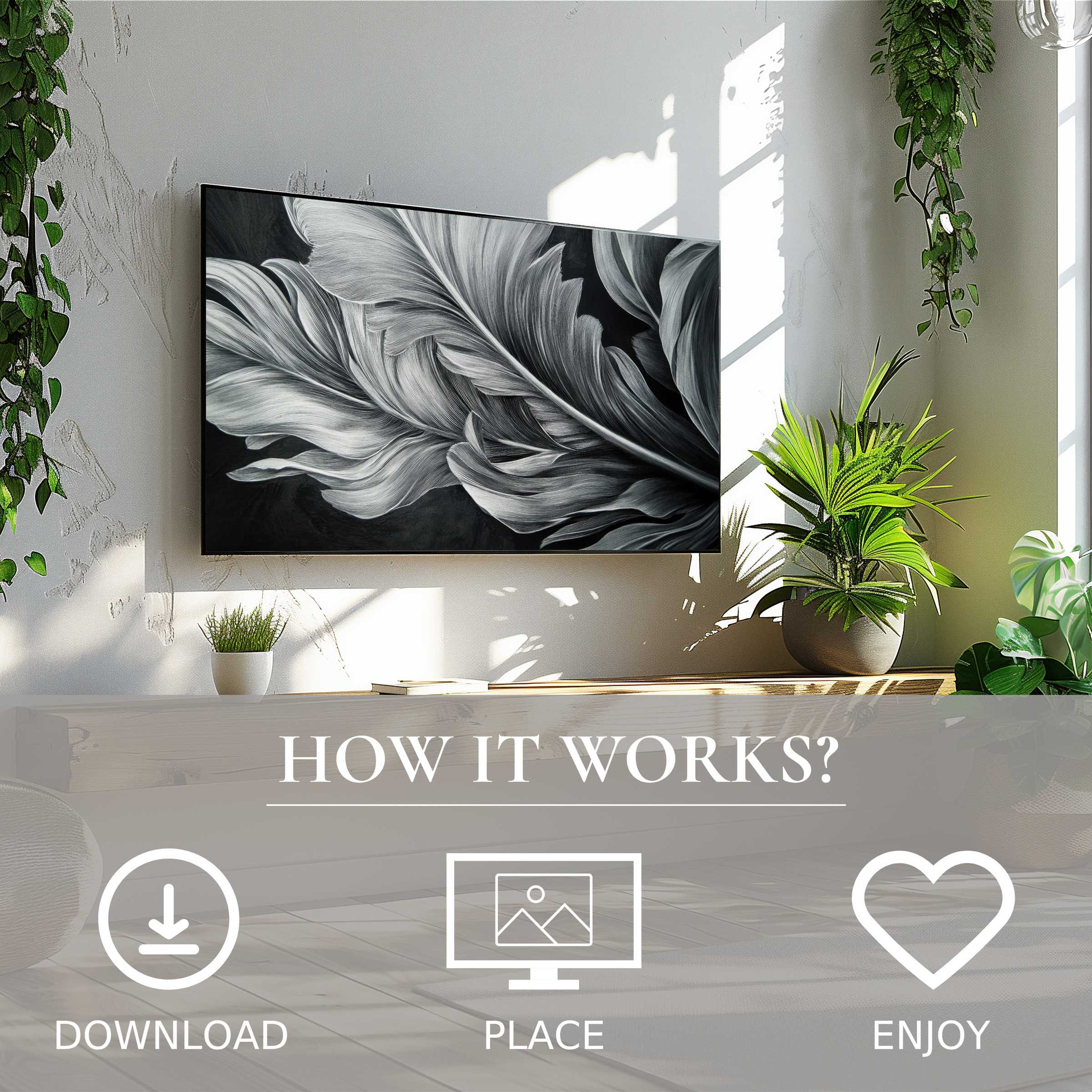 Black and white art for Samsung TV shows flowing leaf motif, easy digital download enriches your modern living space