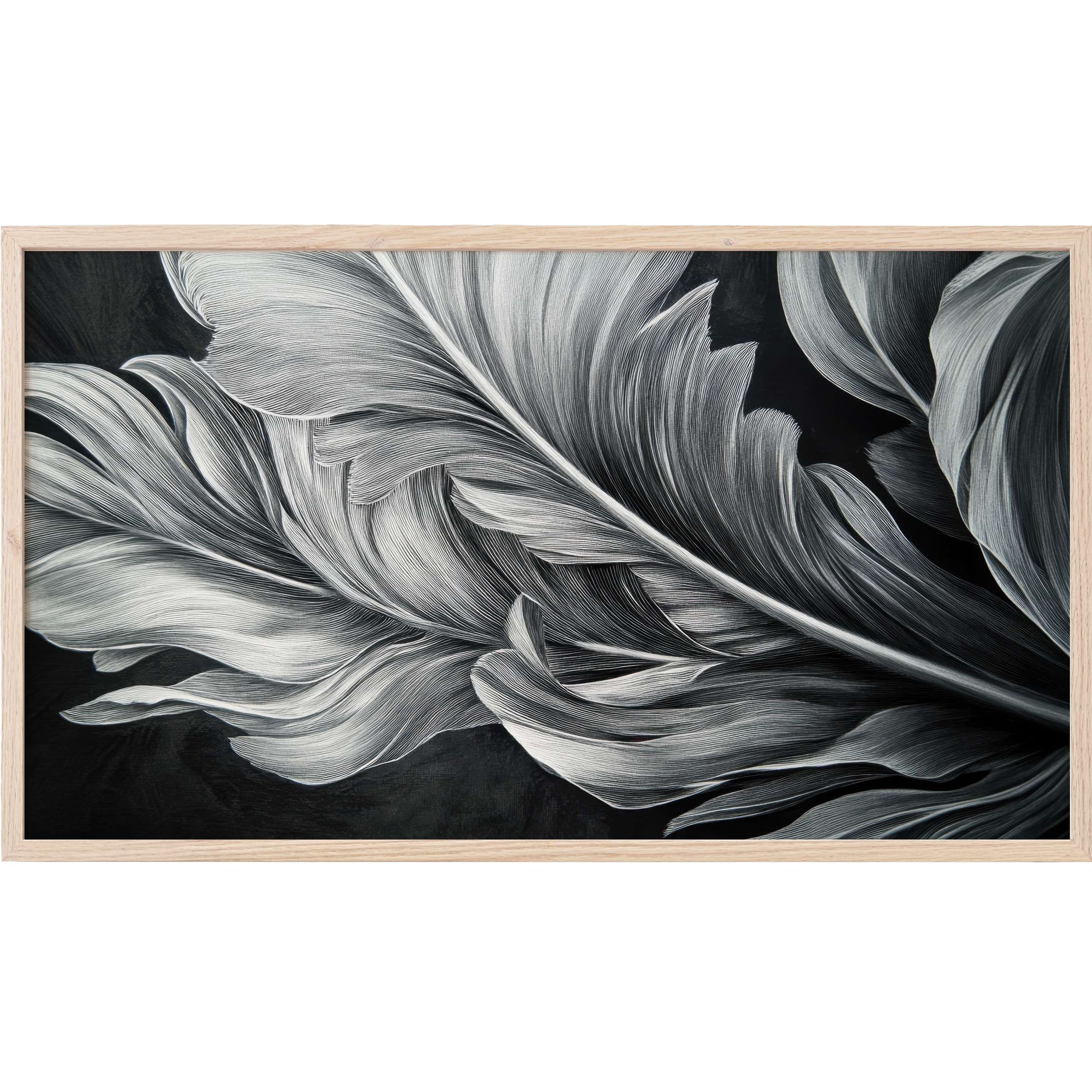 Elegant black and white Frame TV Art featuring detailed, flowing feather textures in a modern natural composition