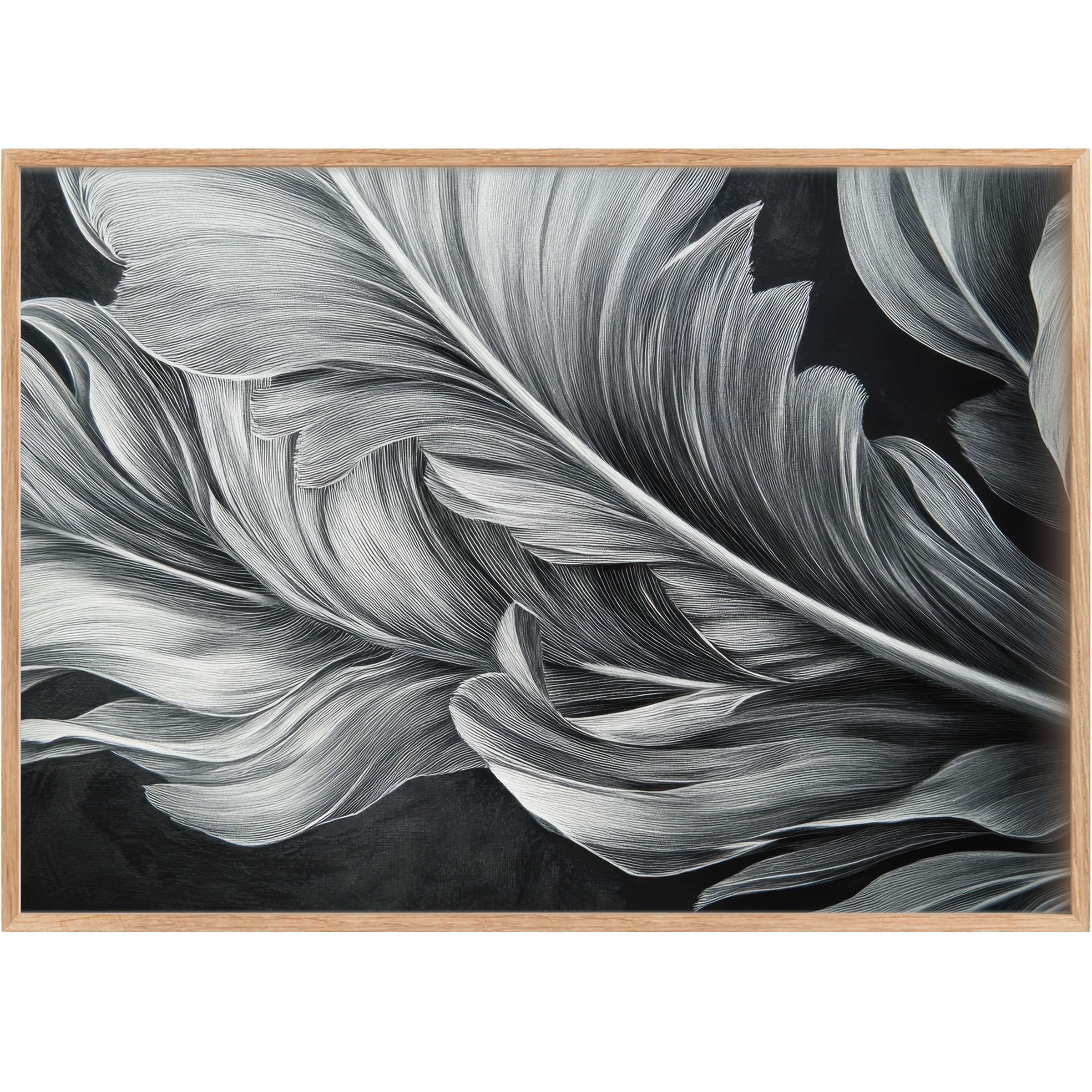 Elegant black and white printable wall art captures delicate feather details, creating a serene, sophisticated ambiance for refined interiors
