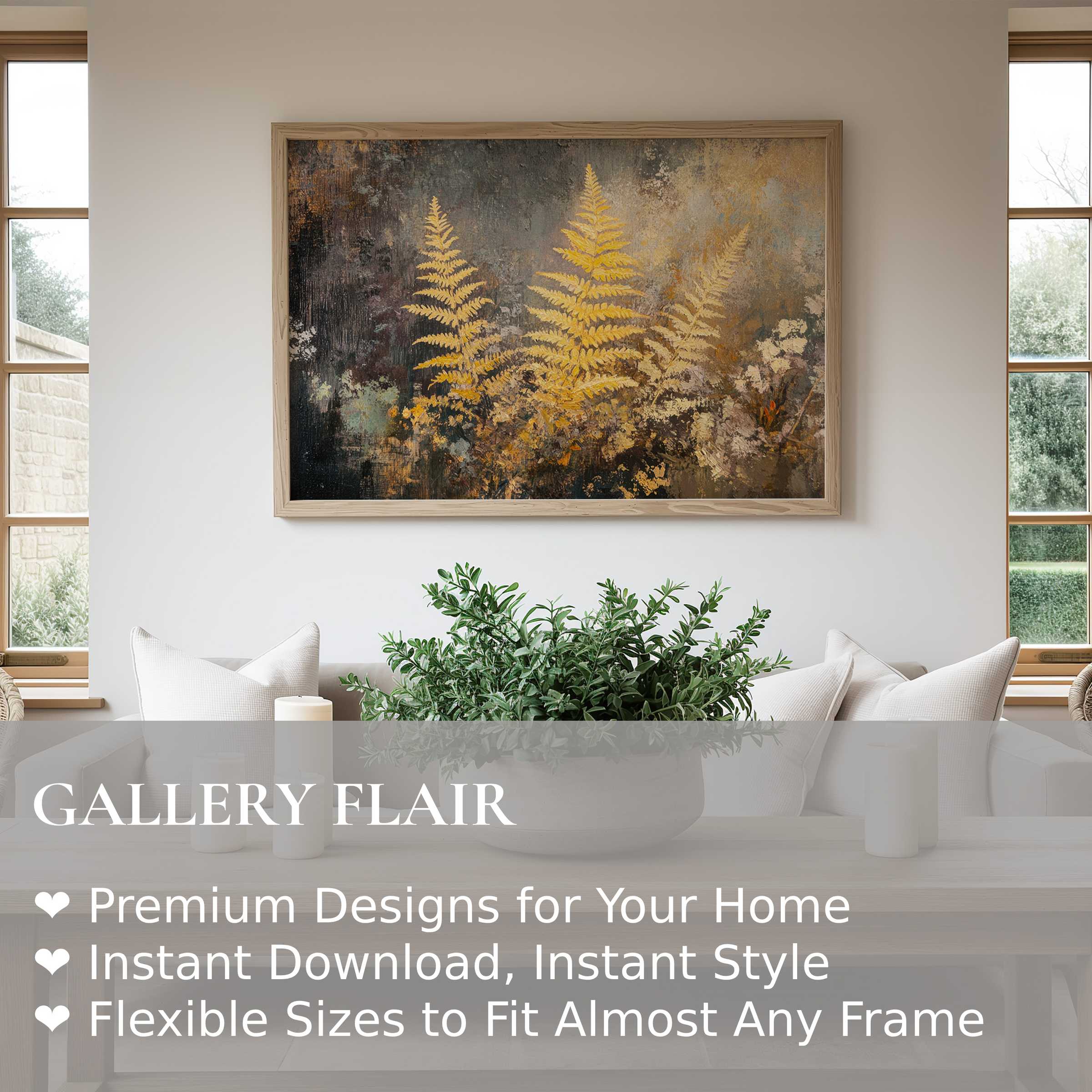 Fall wall art print featuring radiant golden ferns with a textured, earthy backdrop enhancing modern farmhouse interiors with warm, serene elegance