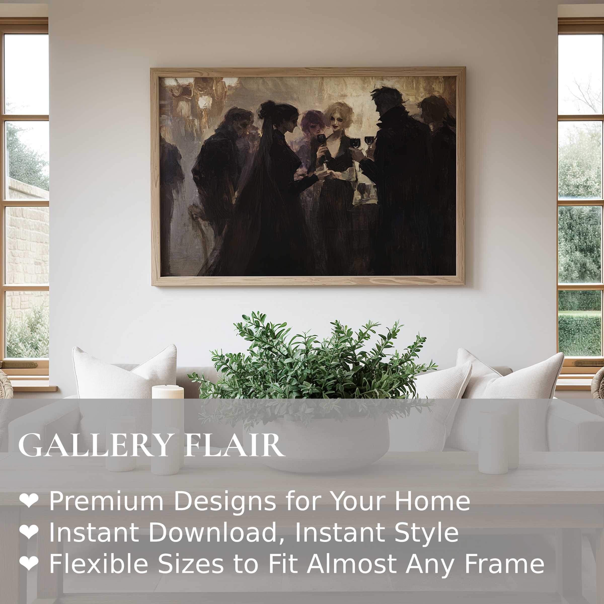 Halloween wall art print showcasing an elegant, moody gathering with dark silhouettes; perfect for modern, minimalist living spaces