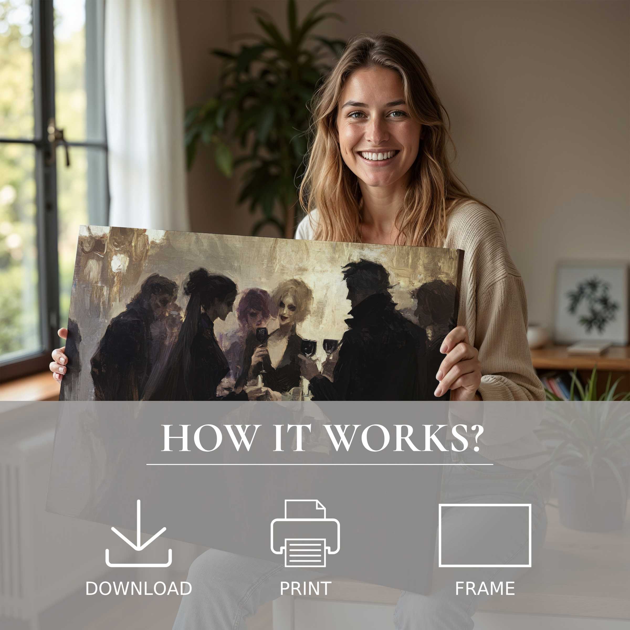 Refined woman in a modern home shares a captivating Halloween digital art print, inviting warmth and timeless elegance